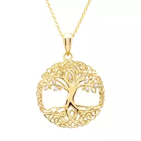 14KT Gold Vermeil Celtic Tree of Life Necklace Embellished With Cubic Zirconias