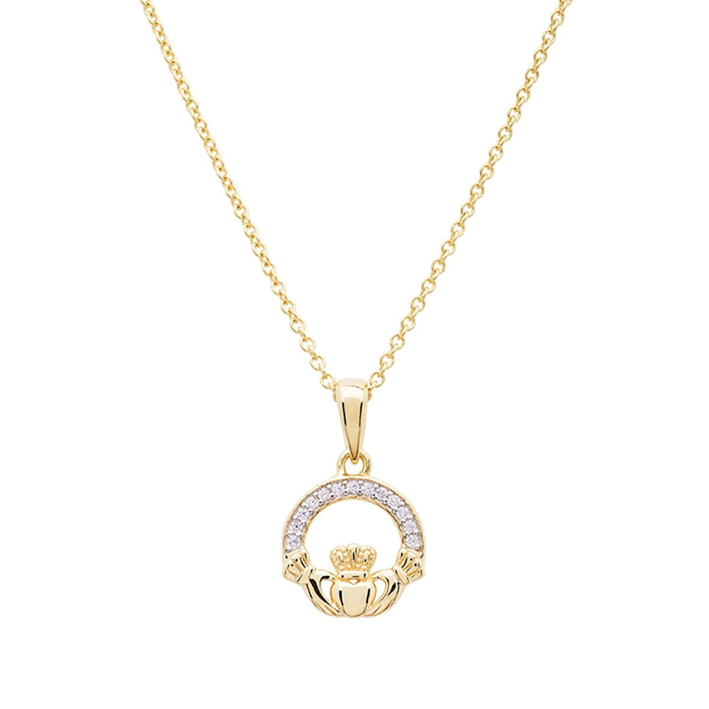 14KT Gold Vermeil Claddagh Necklace Studded with White Cubic Zirconias