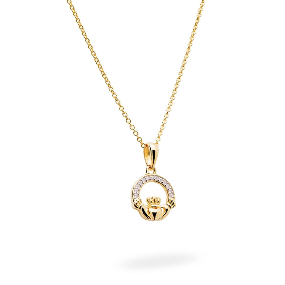 14KT Gold Vermeil Claddagh Necklace Studded with White Cubic Zirconias