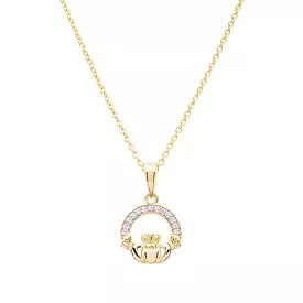 14KT Gold Vermeil Claddagh Necklace Studded with White Cubic Zirconias