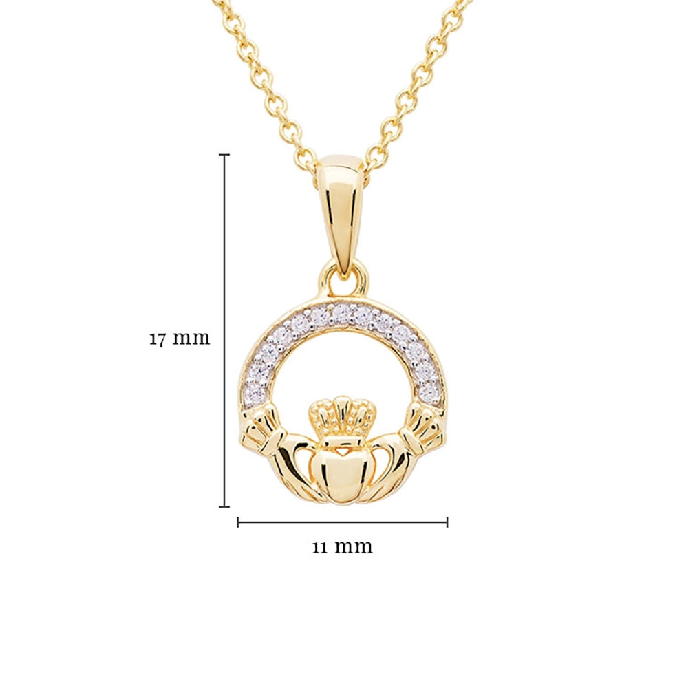 14KT Gold Vermeil Claddagh Necklace Studded with White Cubic Zirconias