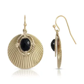 1928 Jewelry Gold Corrugated Shell & Oval Black Oval Stone Drop Earrings