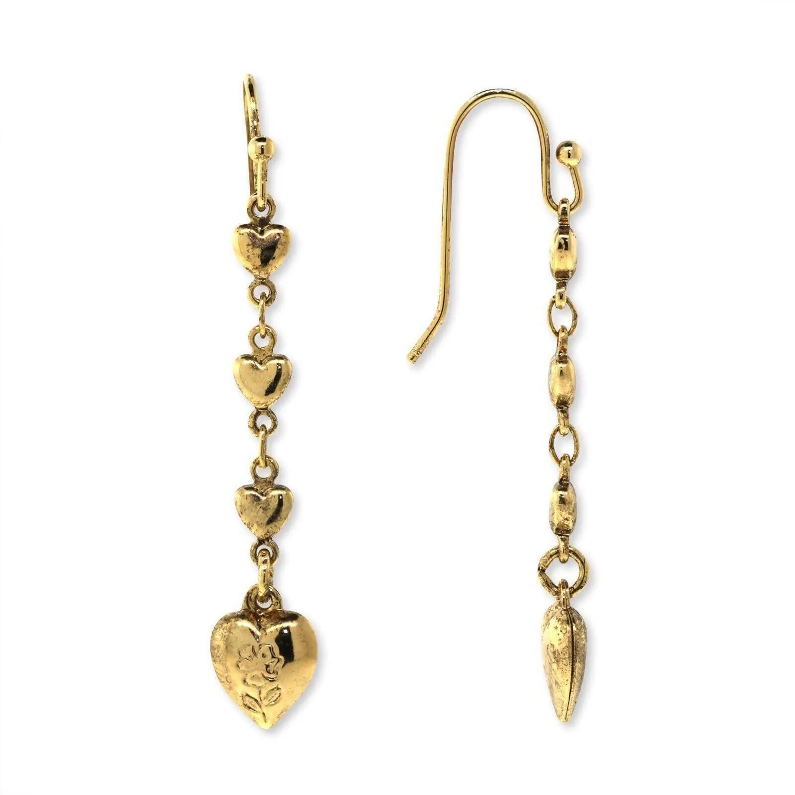 1928 Jewelry Gold Linear Linked Hearts & Etch Flower Drop Earrings