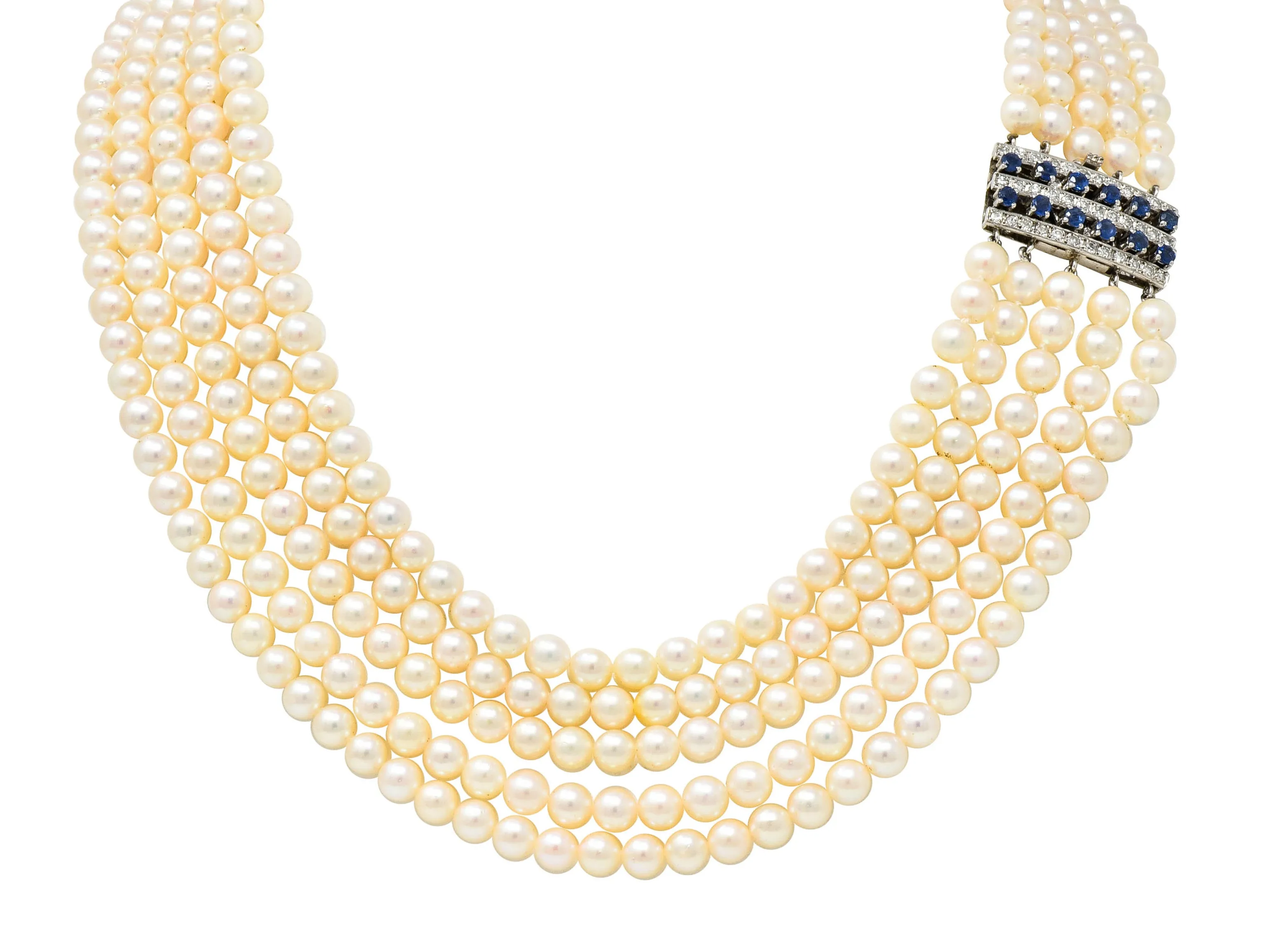 1960's Pearl Sapphire 18 Karat White Gold Five Strand Necklace