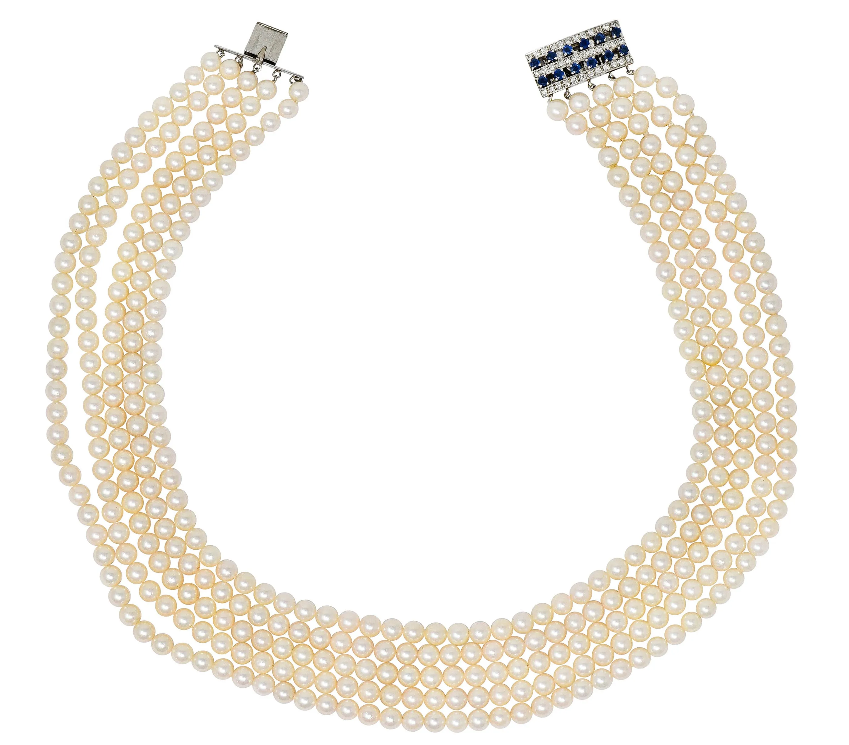 1960's Pearl Sapphire 18 Karat White Gold Five Strand Necklace