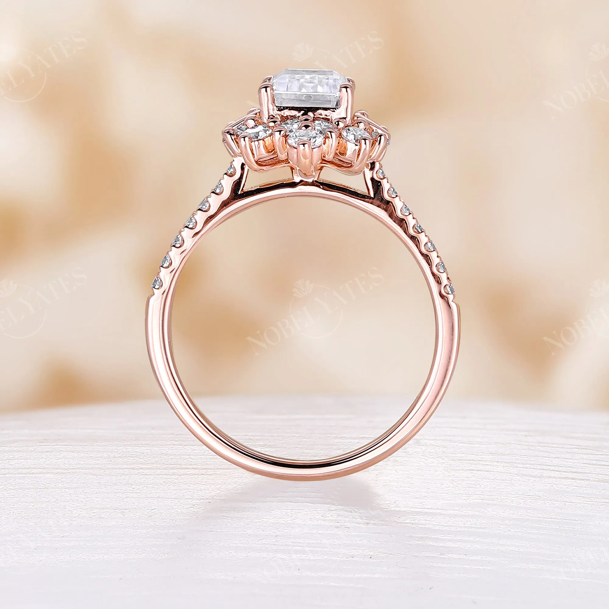 Art Deco Emerald Cut Moissanite Cluster & Pave Engagement Ring Rose Gold