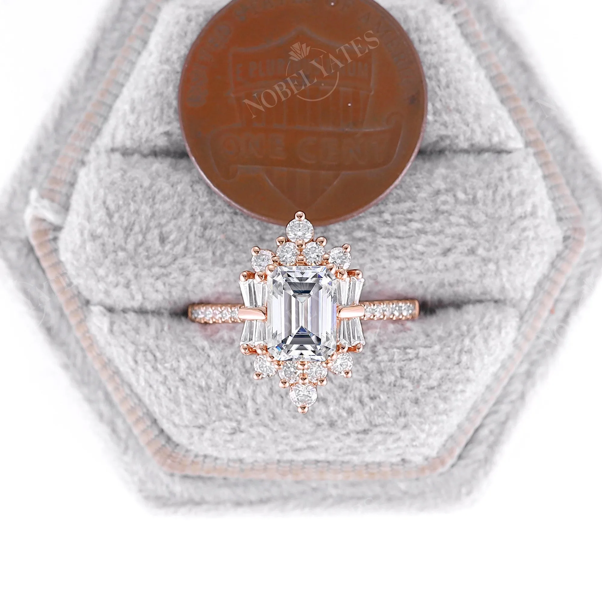 Art Deco Emerald Cut Moissanite Cluster & Pave Engagement Ring Rose Gold