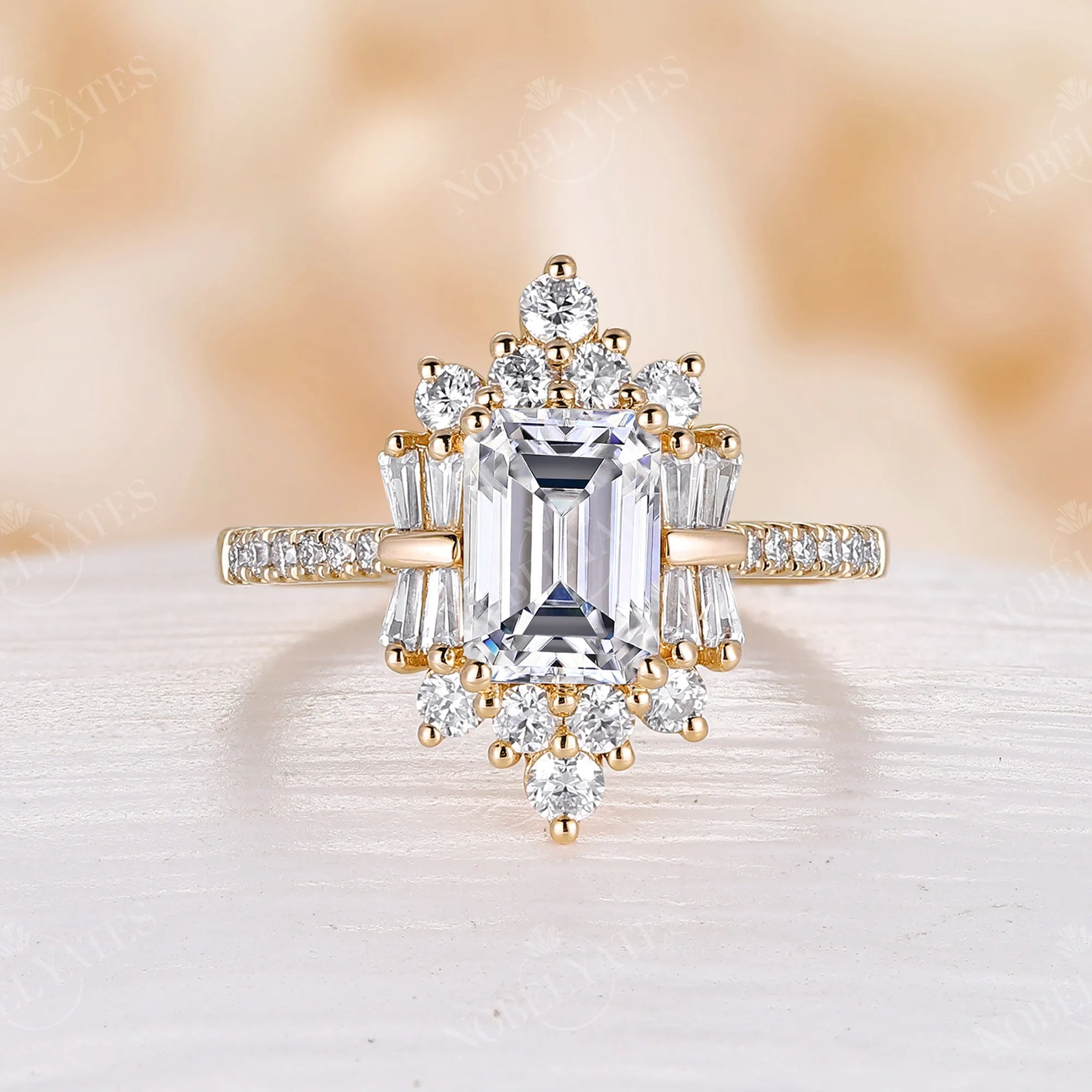 Art Deco Emerald Cut Moissanite Cluster & Pave Engagement Ring Rose Gold