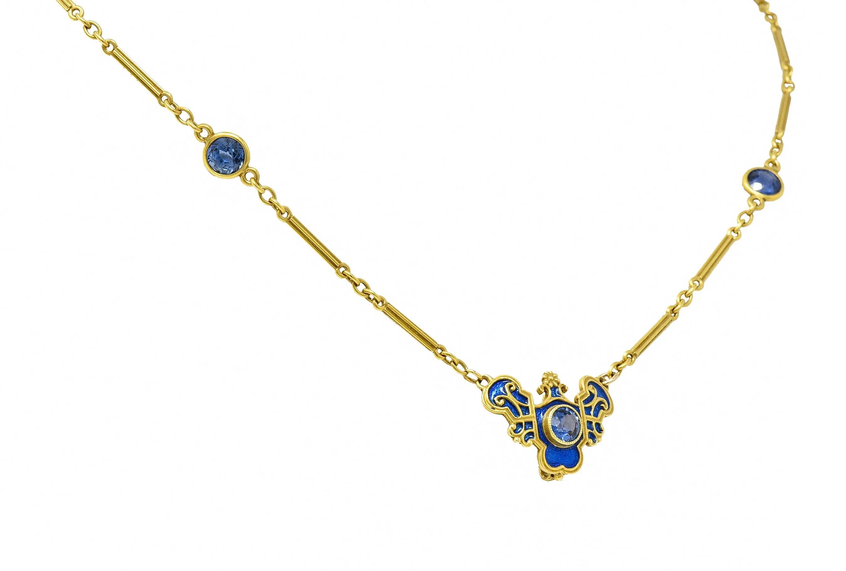 Art Nouveau Sapphire Enamel 14 Karat Gold Station Necklace