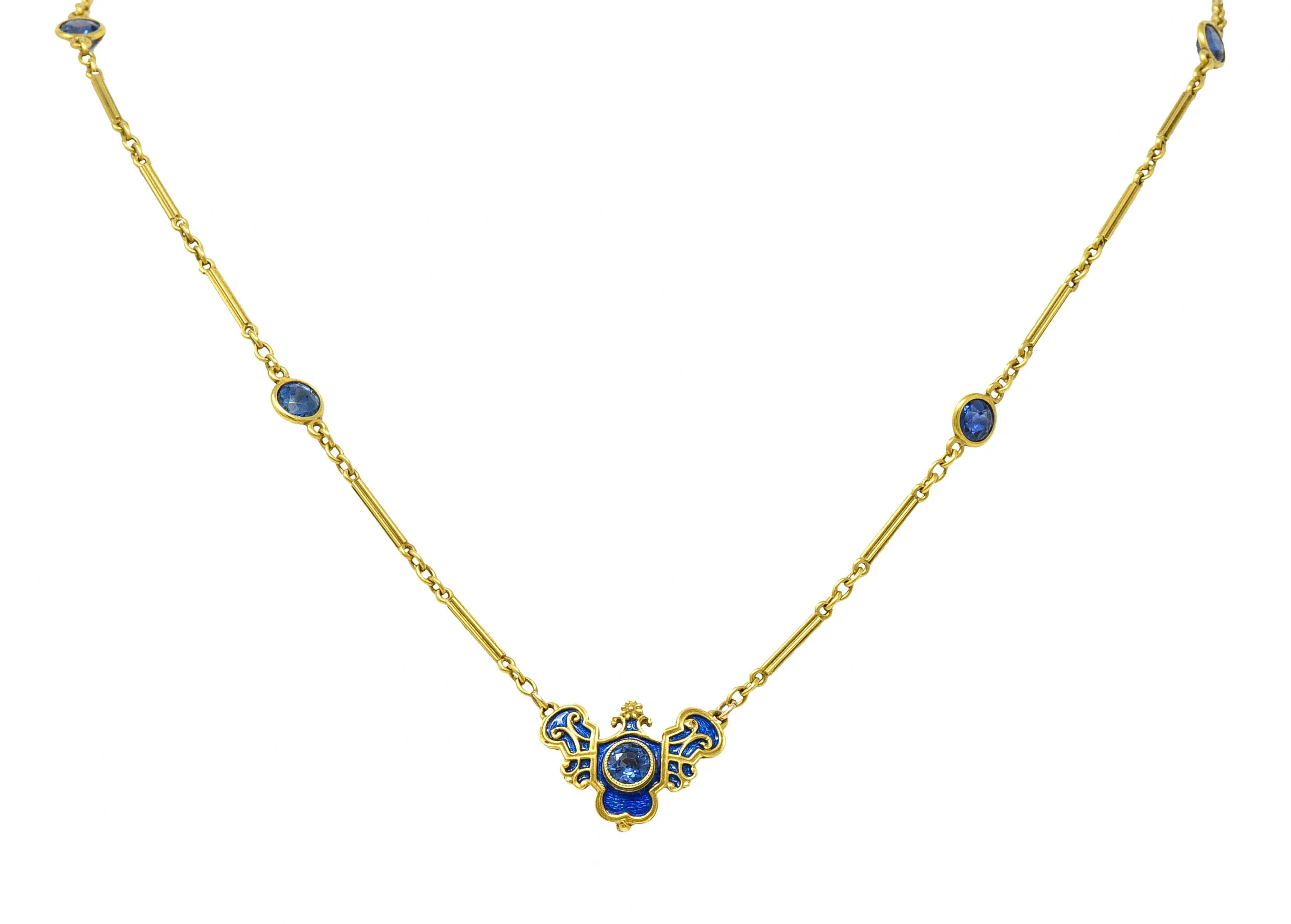 Art Nouveau Sapphire Enamel 14 Karat Gold Station Necklace