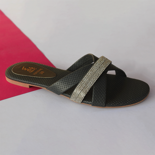 Black Flat Fancy Slippers for women