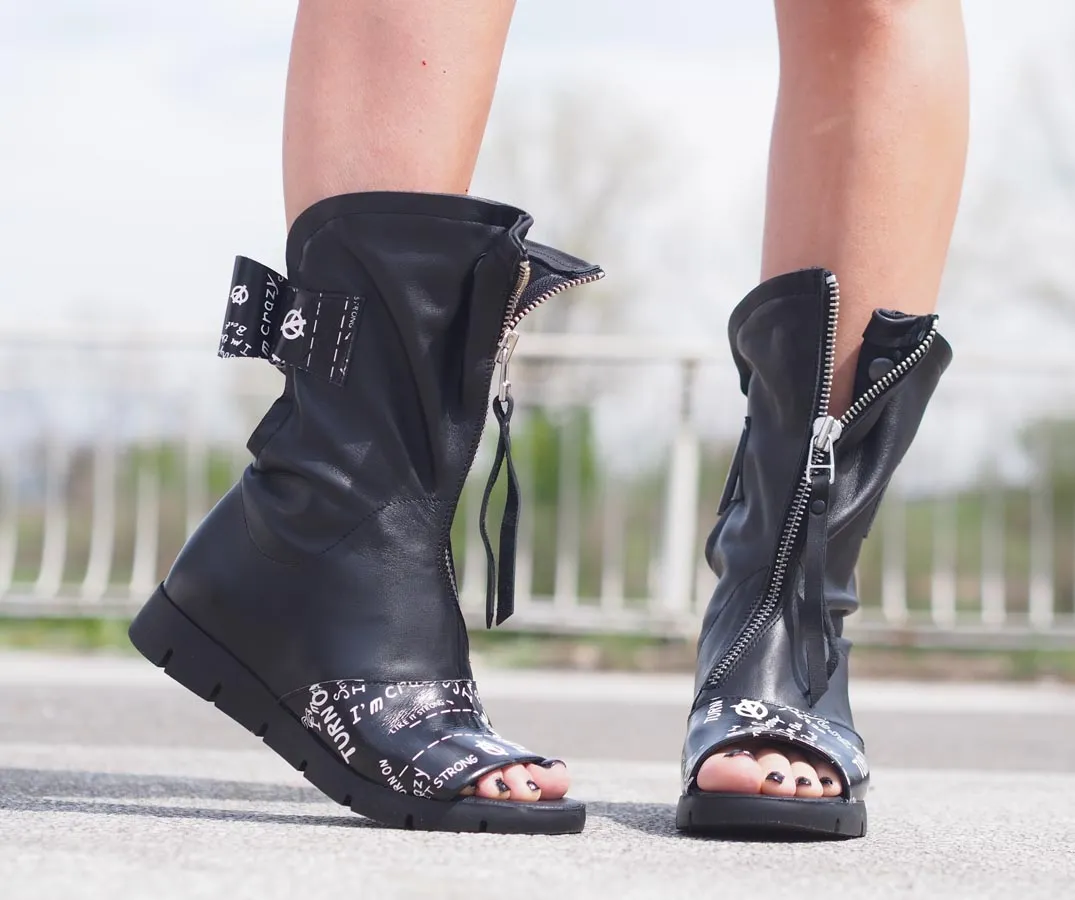 Black genuine leather summer boots,Women genuine leather summer boots,Extravagant leather summer boots