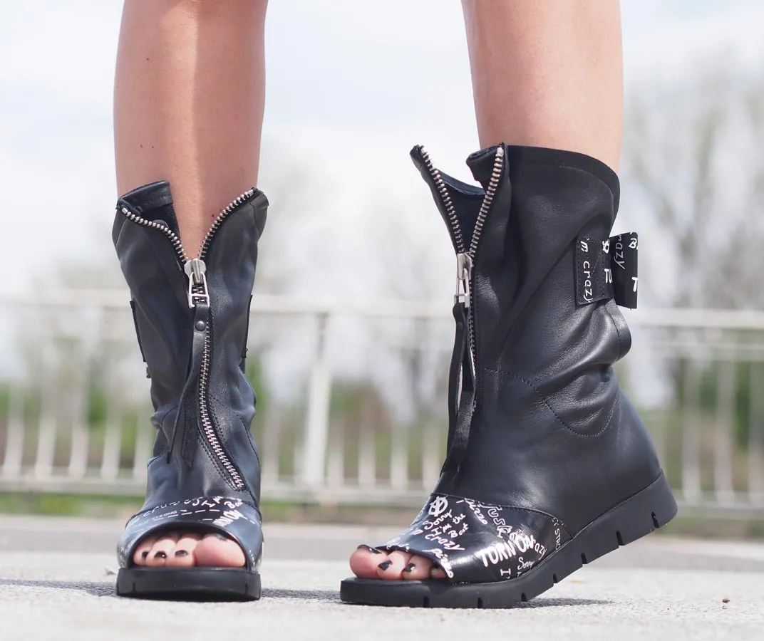 Black genuine leather summer boots,Women genuine leather summer boots,Extravagant leather summer boots