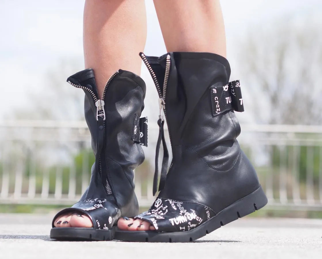 Black genuine leather summer boots,Women genuine leather summer boots,Extravagant leather summer boots