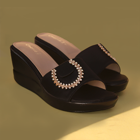 Black Wedge Slippers for women