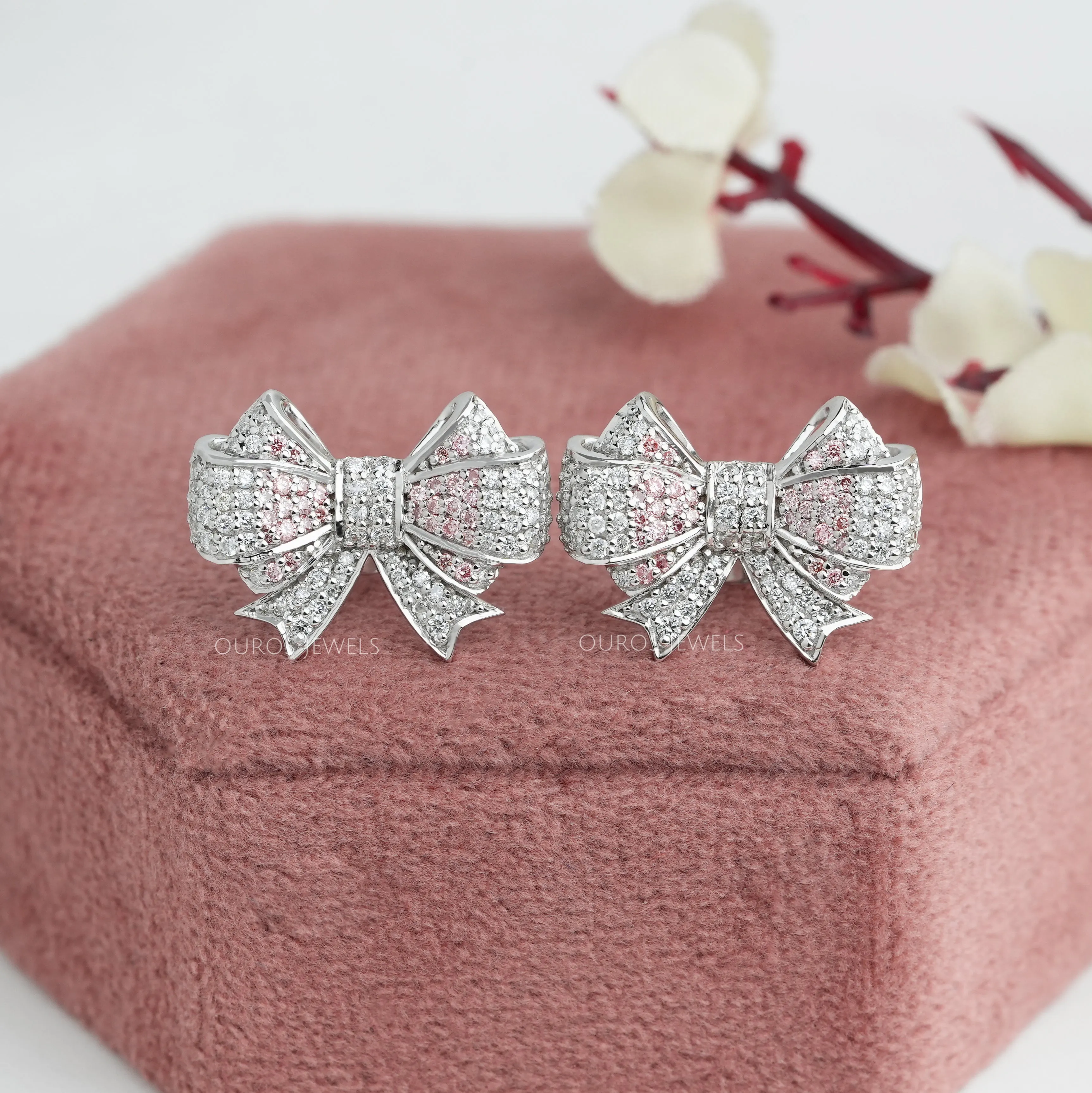 Bow Shape Round Cut cluster Diamond Stud Earrings