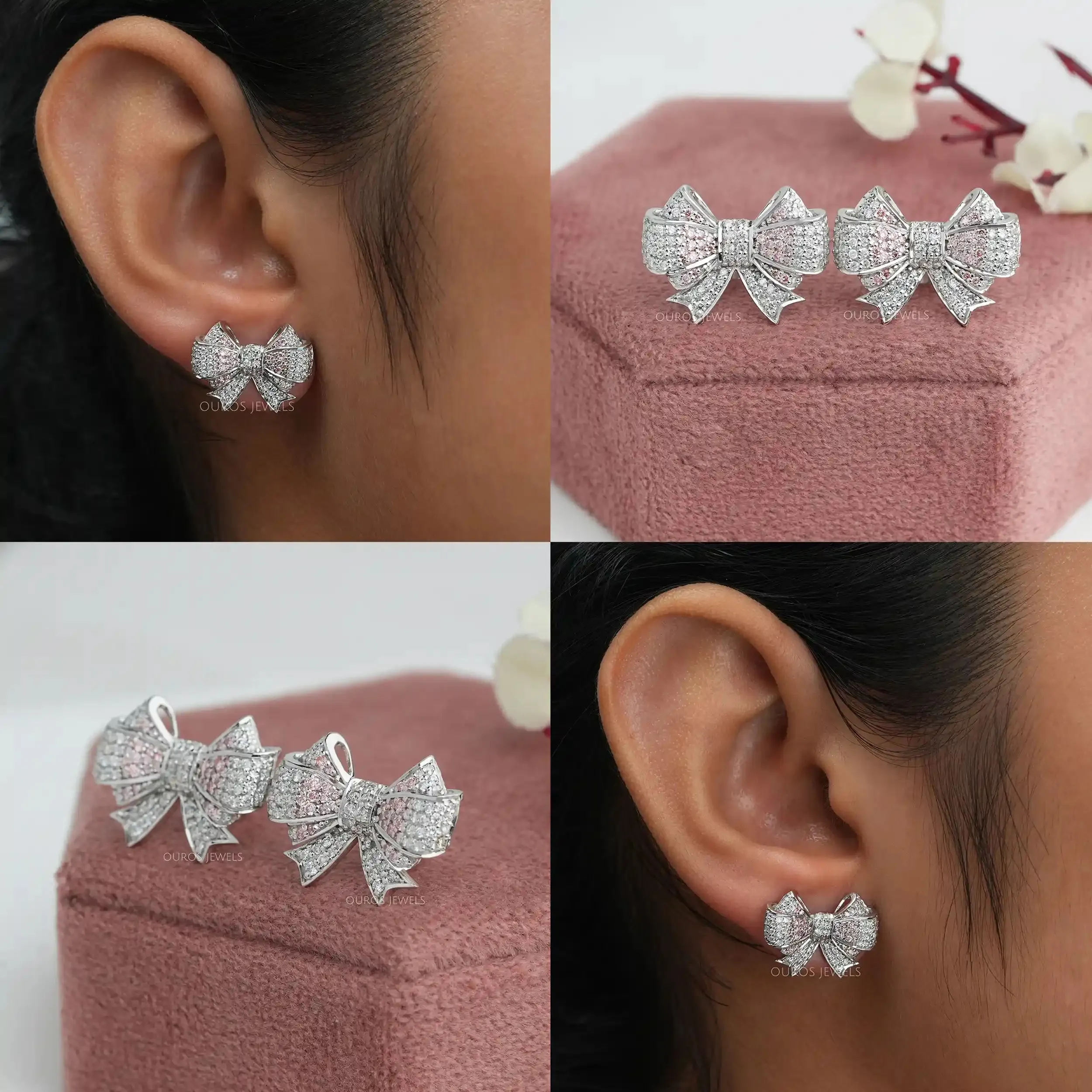 Bow Shape Round Cut cluster Diamond Stud Earrings