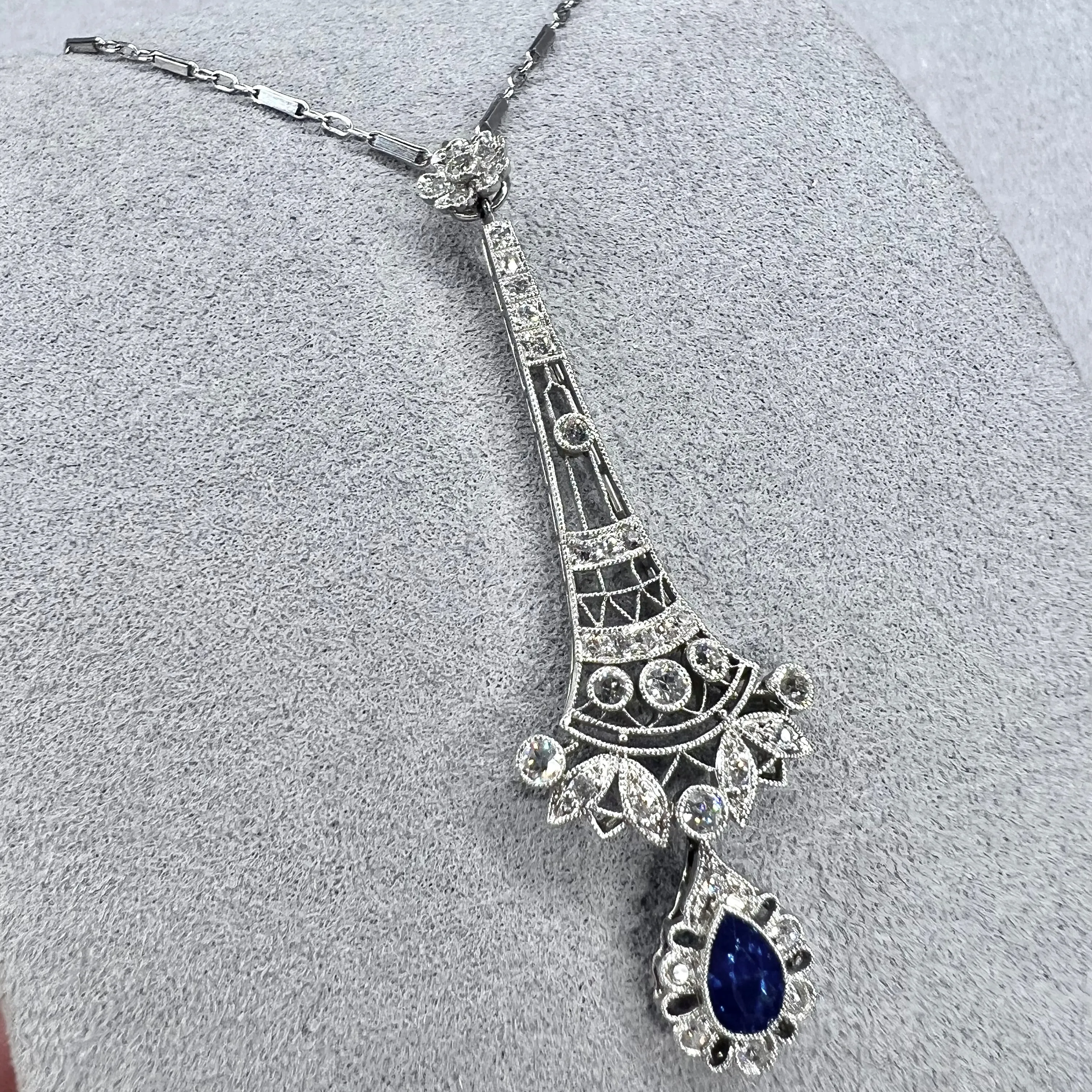 Circa 1910 Sapphire & Diamond Art Deco Platinum Necklace