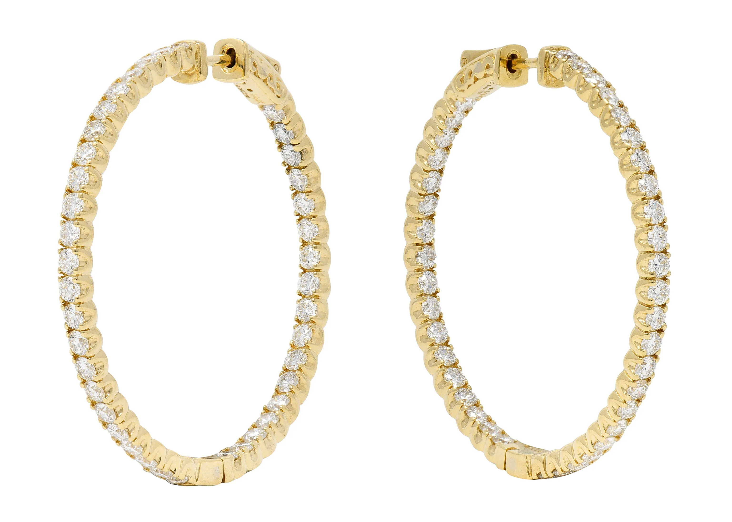 Contemporary 4.00 CTW Diamond 14 Karat Yellow Gold Round  Inside Outside Hoop Earrings