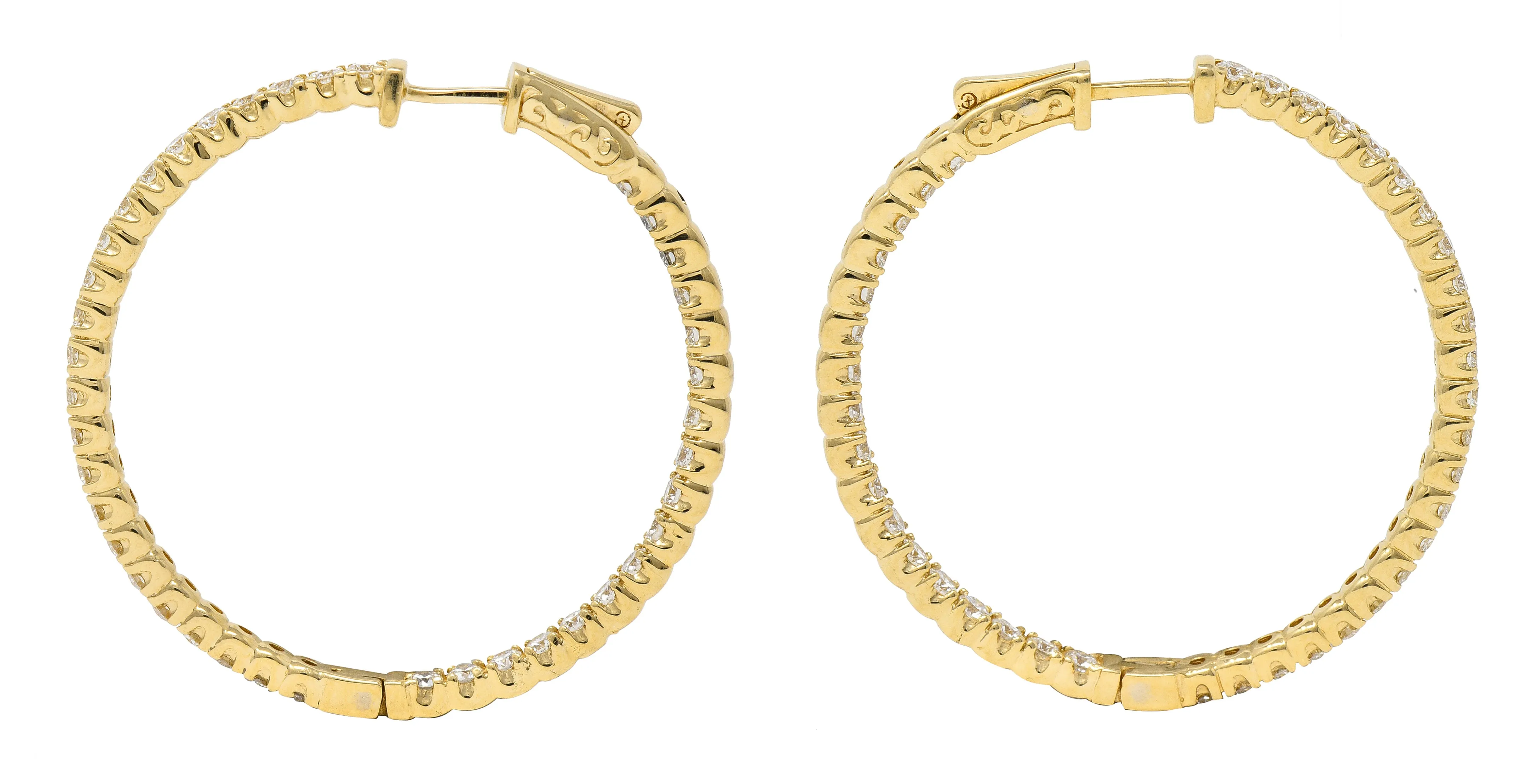 Contemporary 4.00 CTW Diamond 14 Karat Yellow Gold Round  Inside Outside Hoop Earrings