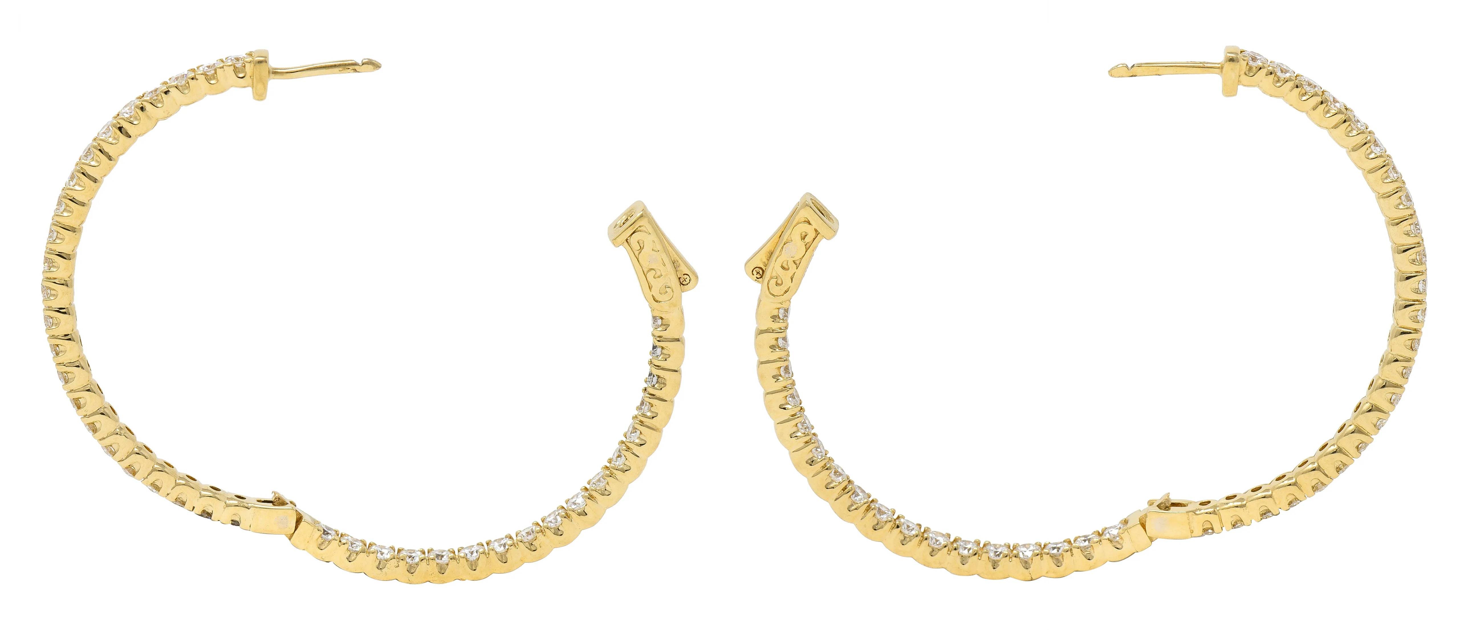 Contemporary 4.00 CTW Diamond 14 Karat Yellow Gold Round  Inside Outside Hoop Earrings