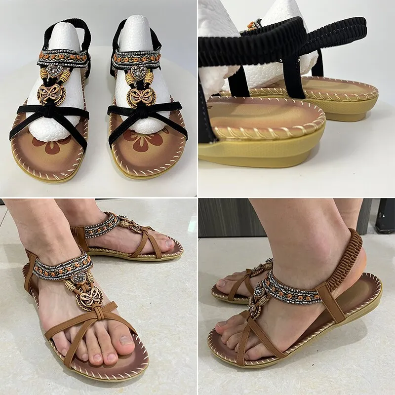 Crystal Flower Bohemian Sandals Summer Soft Sole Non-slip Beach Woman Low Heels Casual Shoes