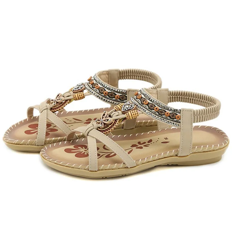 Crystal Flower Bohemian Sandals Summer Soft Sole Non-slip Beach Woman Low Heels Casual Shoes