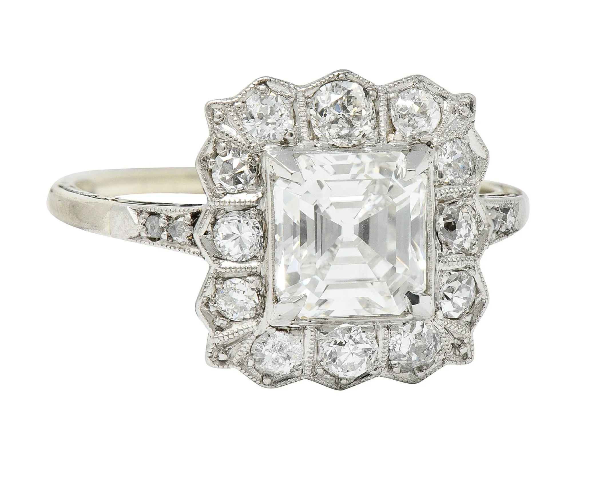 Edwardian 2.07 CTW Asscher Diamond Platinum-Topped 14 Karat Gold Cluster Antique Ring GIA