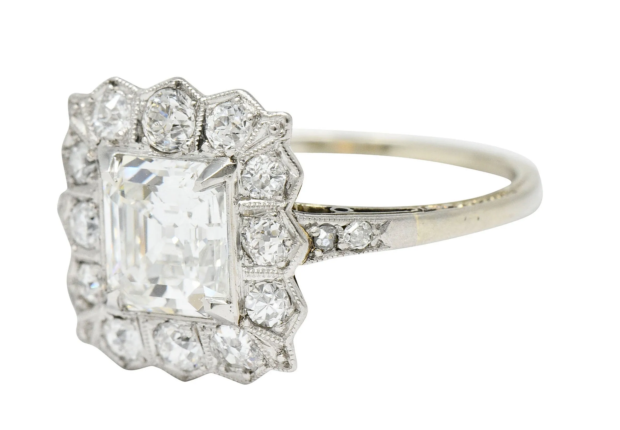 Edwardian 2.07 CTW Asscher Diamond Platinum-Topped 14 Karat Gold Cluster Antique Ring GIA