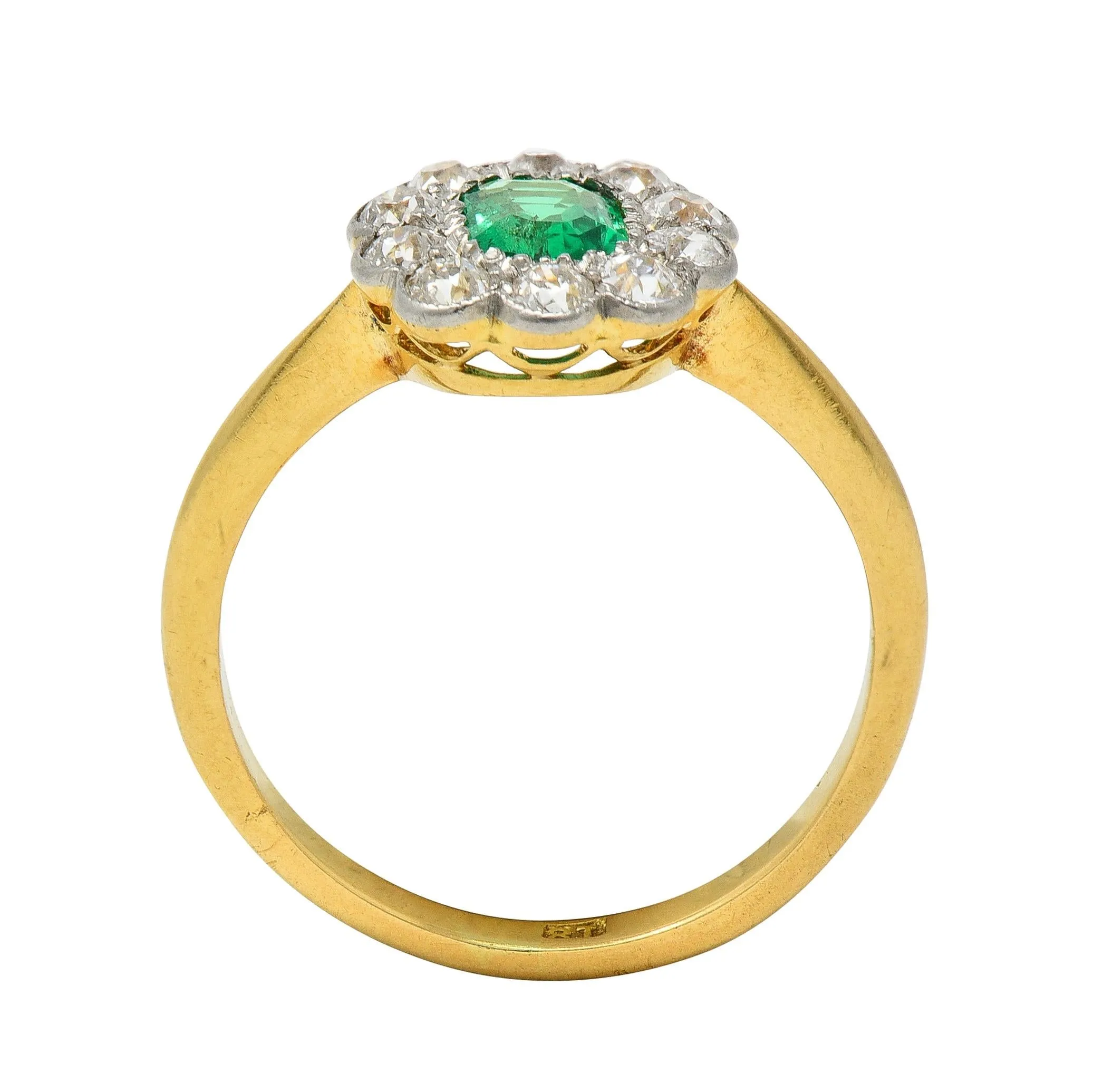 Edwardian Emerald Diamond Platinum 18 Karat Yellow Gold Antique Halo Ring