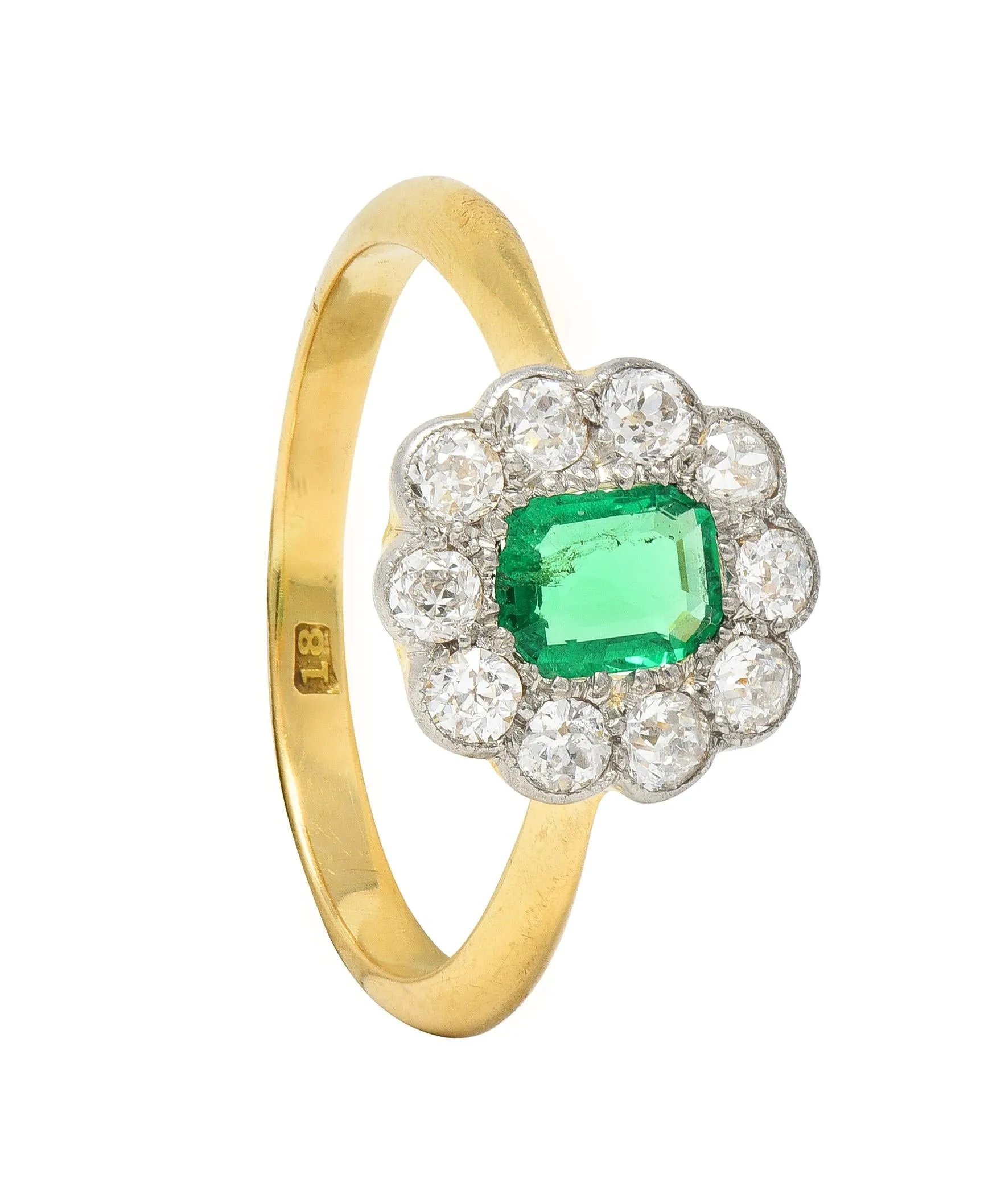 Edwardian Emerald Diamond Platinum 18 Karat Yellow Gold Antique Halo Ring