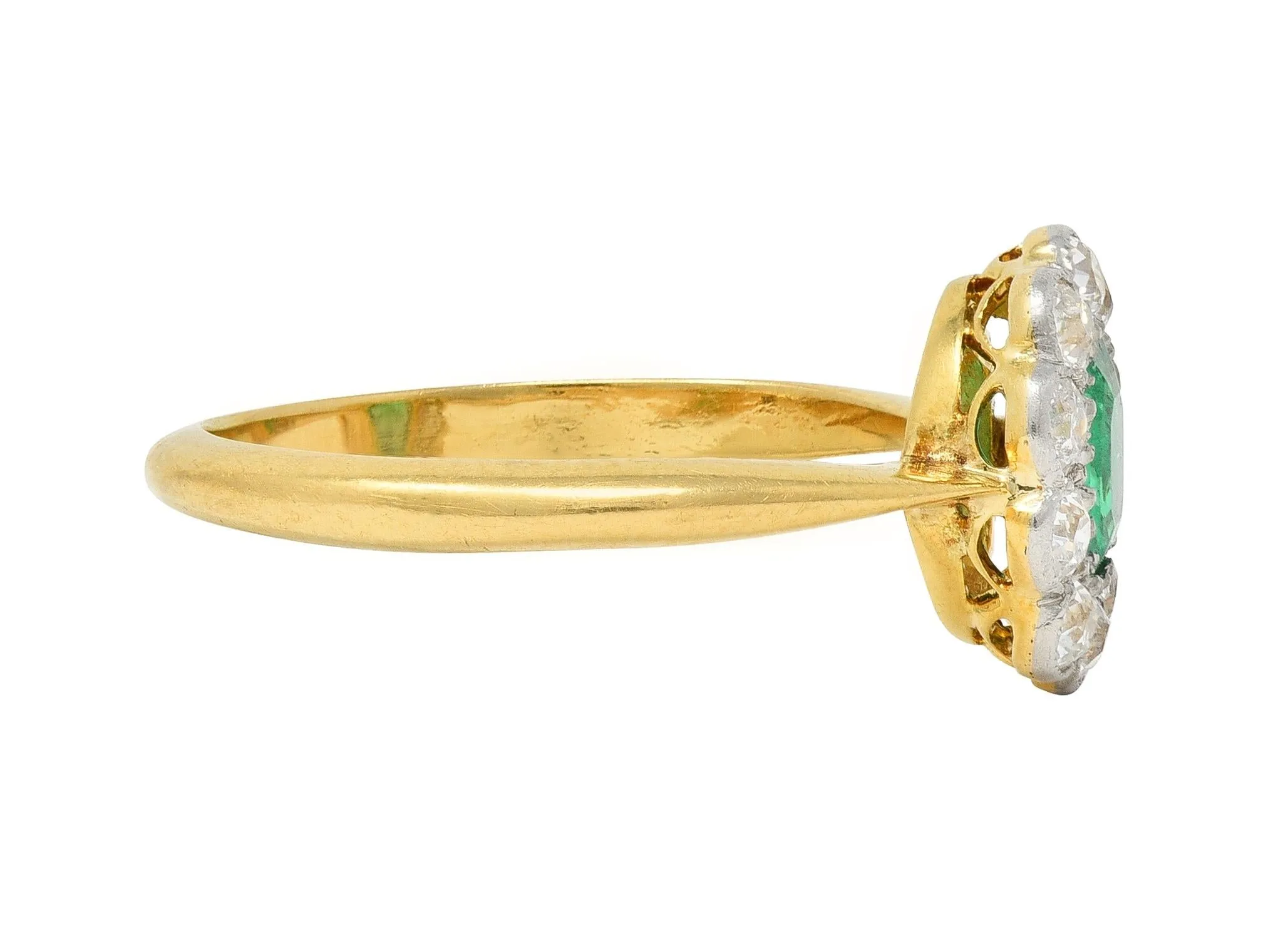 Edwardian Emerald Diamond Platinum 18 Karat Yellow Gold Antique Halo Ring