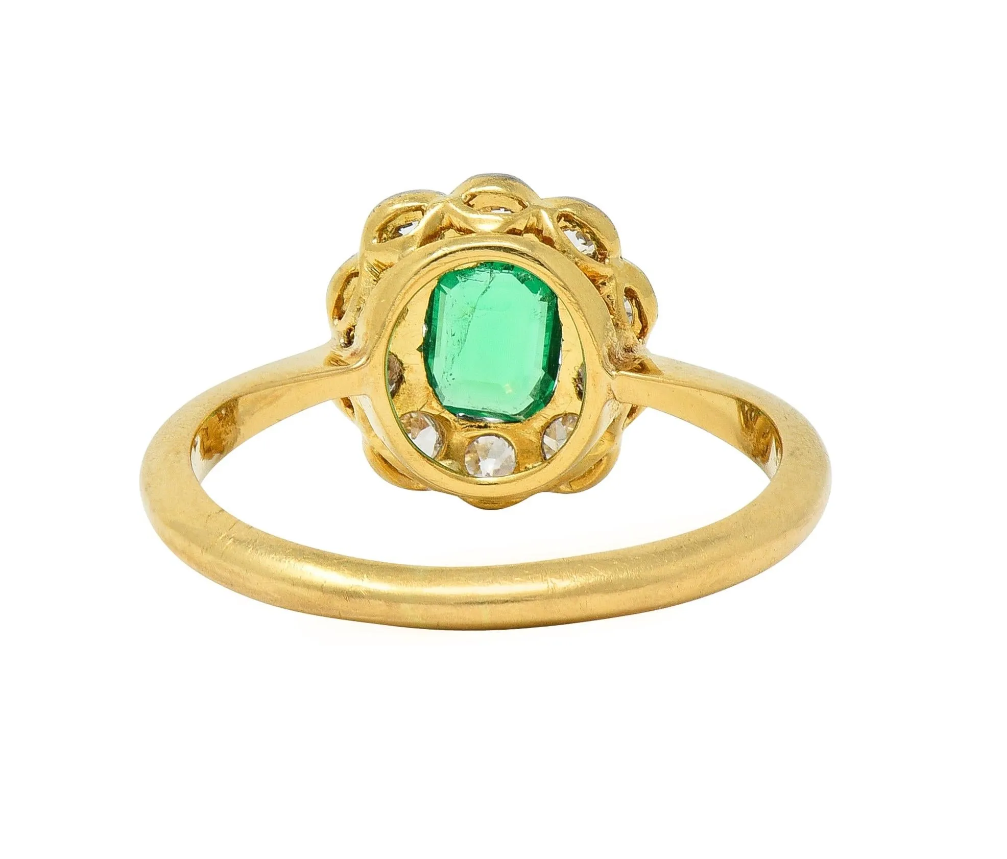 Edwardian Emerald Diamond Platinum 18 Karat Yellow Gold Antique Halo Ring