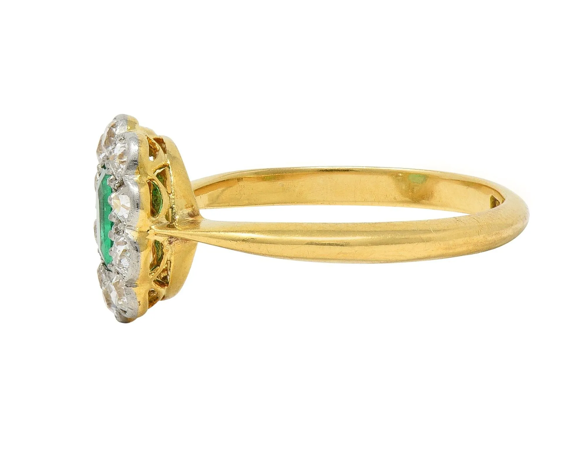 Edwardian Emerald Diamond Platinum 18 Karat Yellow Gold Antique Halo Ring