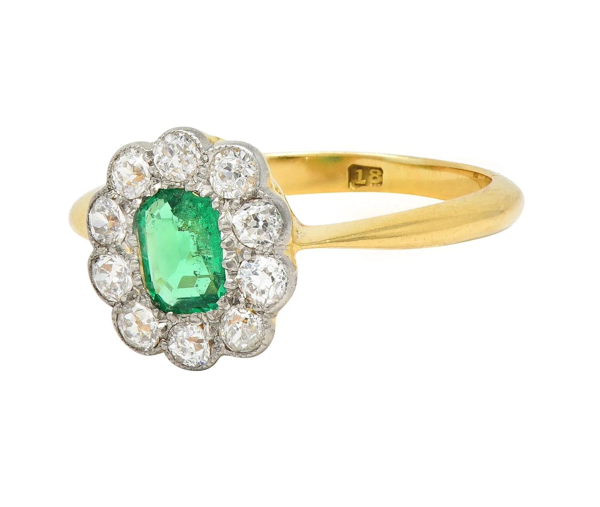 Edwardian Emerald Diamond Platinum 18 Karat Yellow Gold Antique Halo Ring