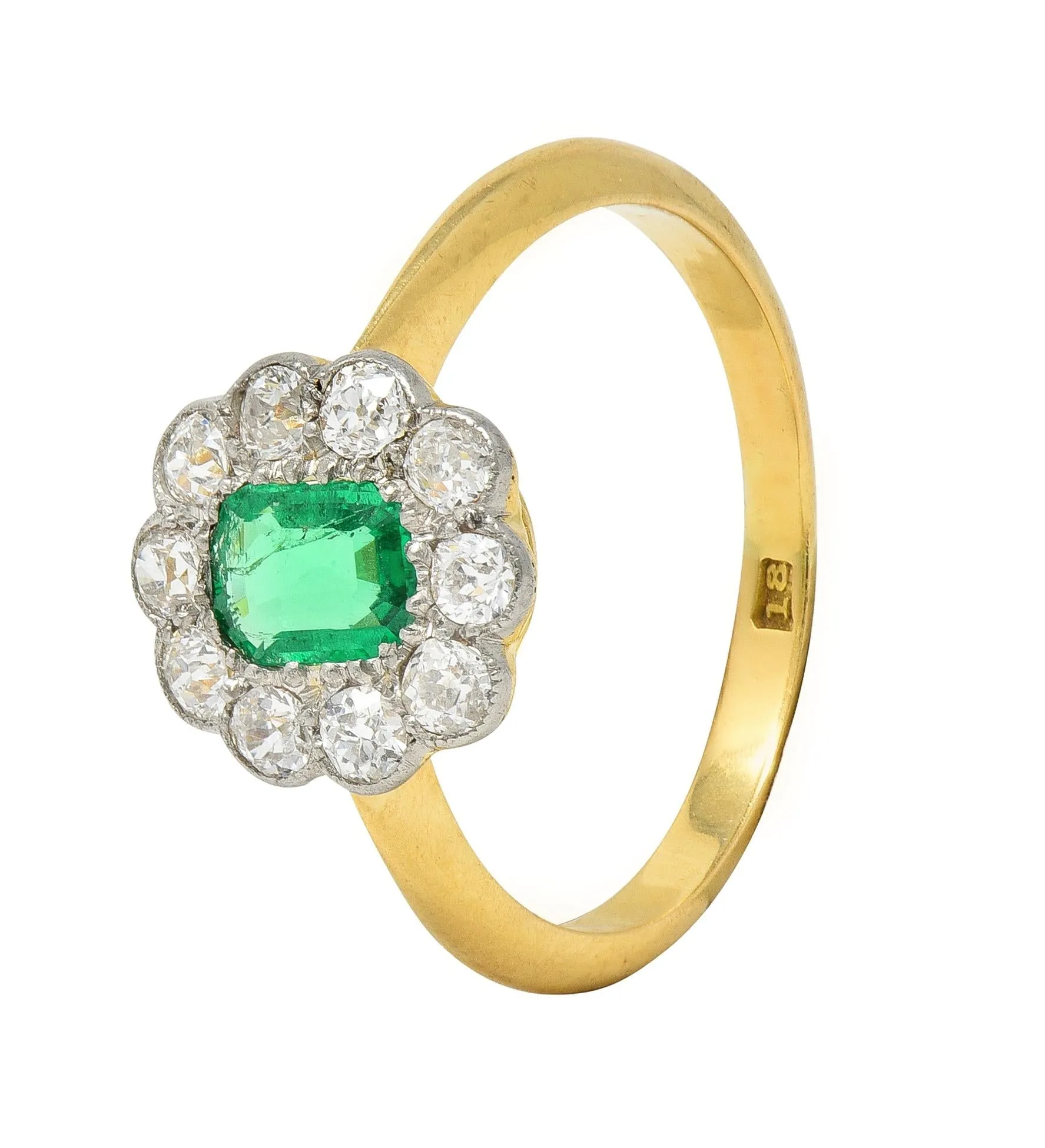 Edwardian Emerald Diamond Platinum 18 Karat Yellow Gold Antique Halo Ring