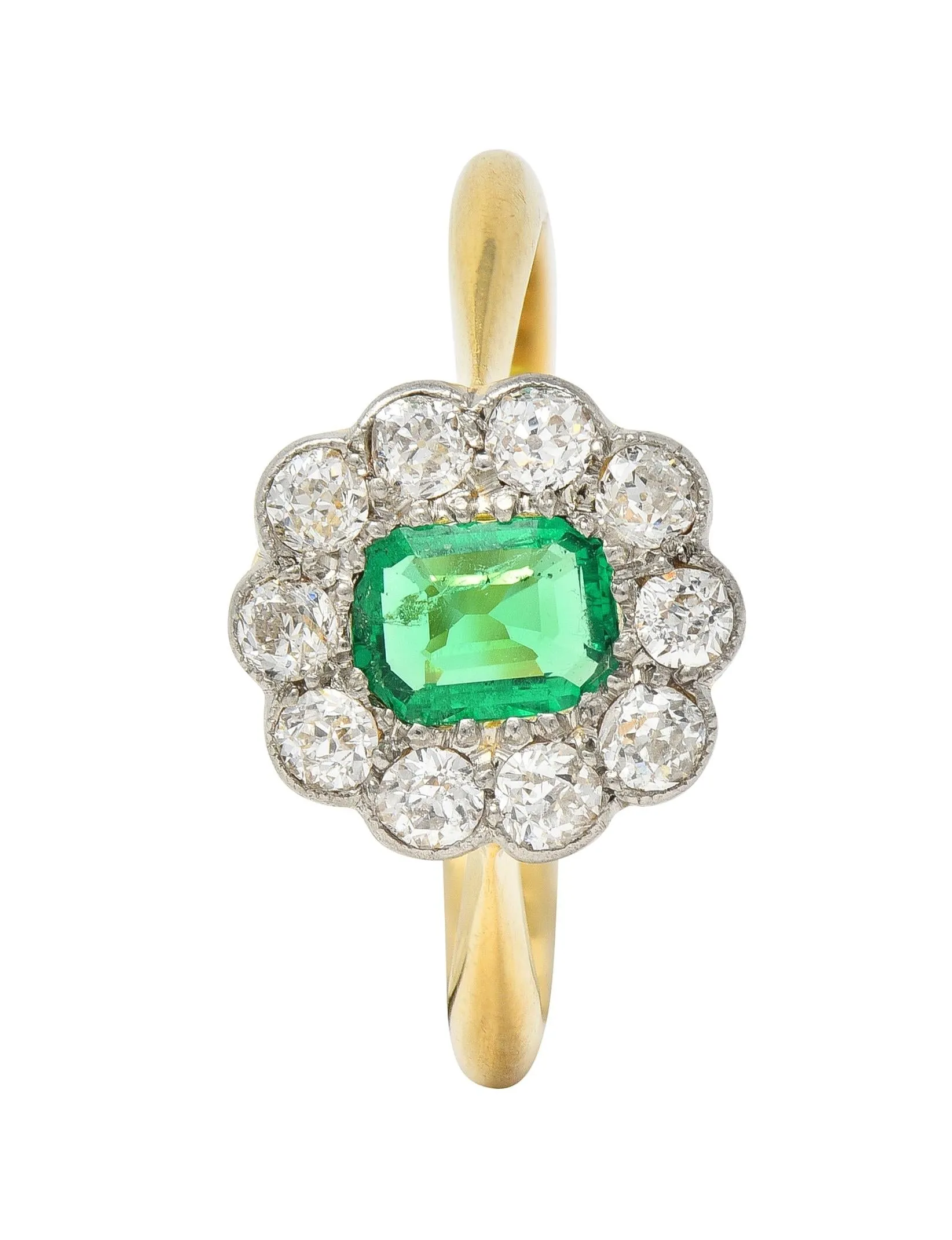 Edwardian Emerald Diamond Platinum 18 Karat Yellow Gold Antique Halo Ring