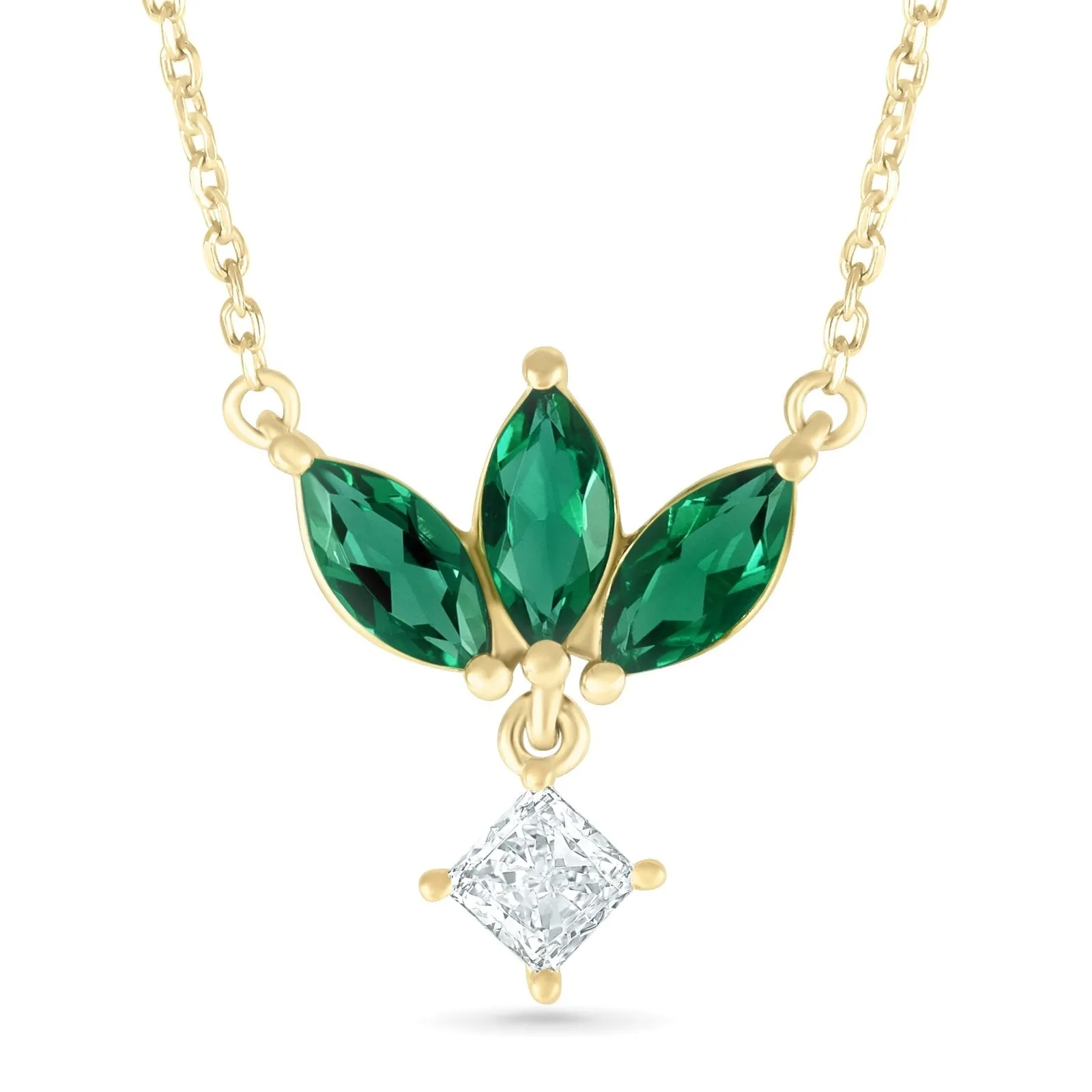 Emerald Marquise Flower Necklace with a Princess Cut White Sapphire Dangle