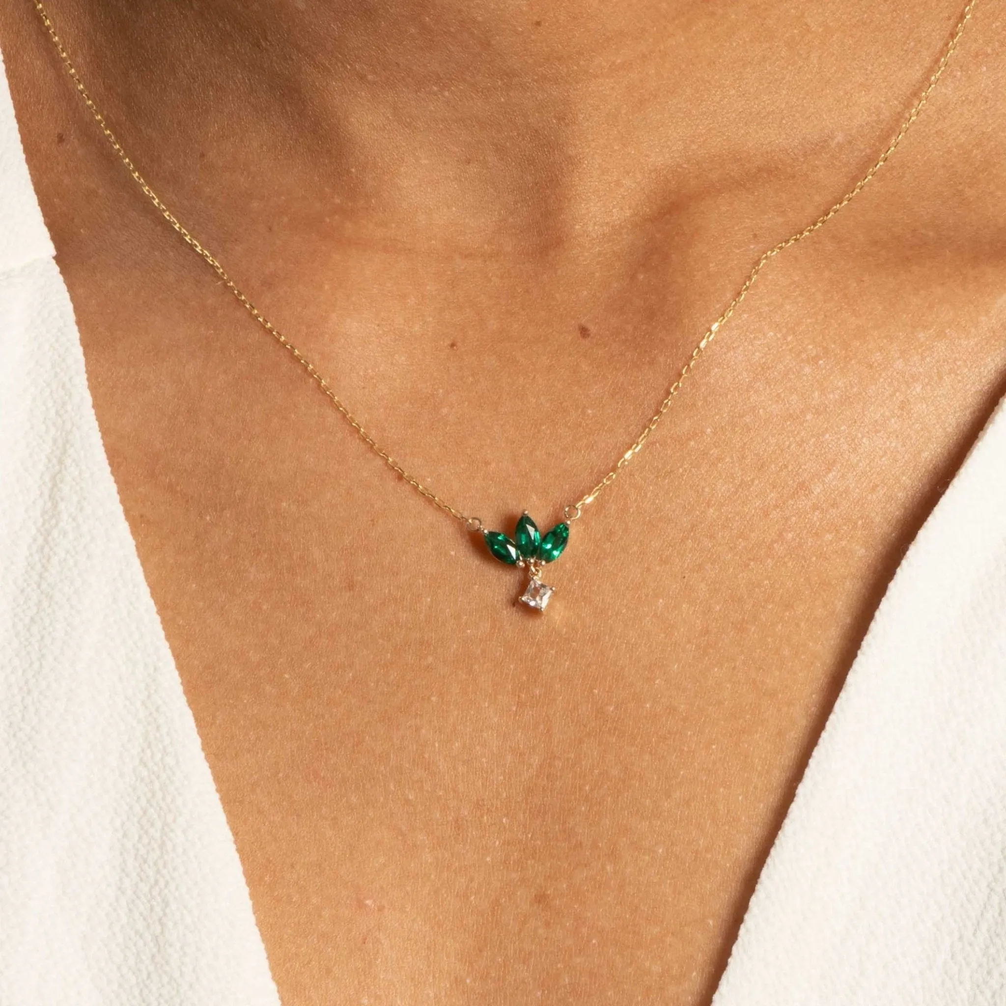 Emerald Marquise Flower Necklace with a Princess Cut White Sapphire Dangle