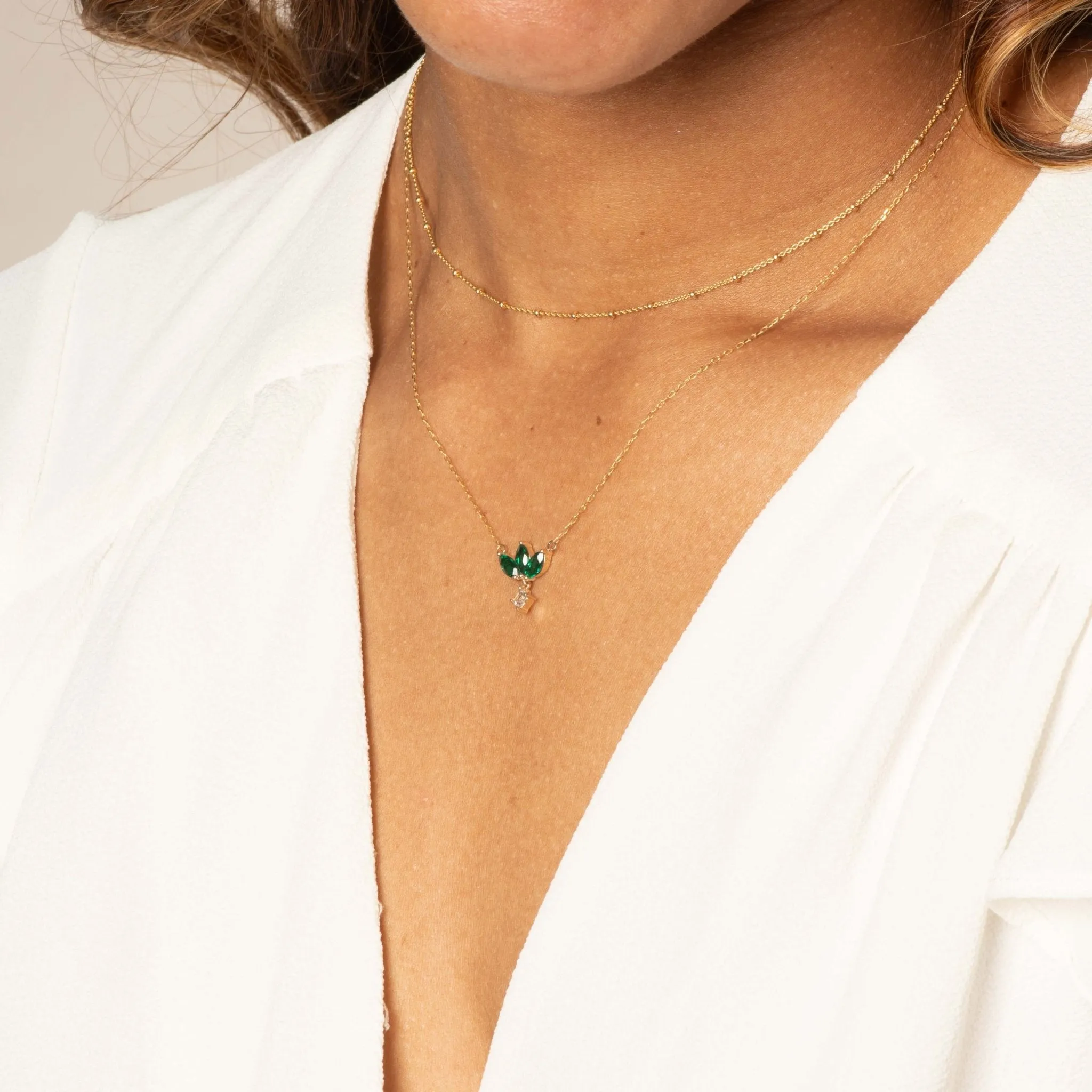 Emerald Marquise Flower Necklace with a Princess Cut White Sapphire Dangle