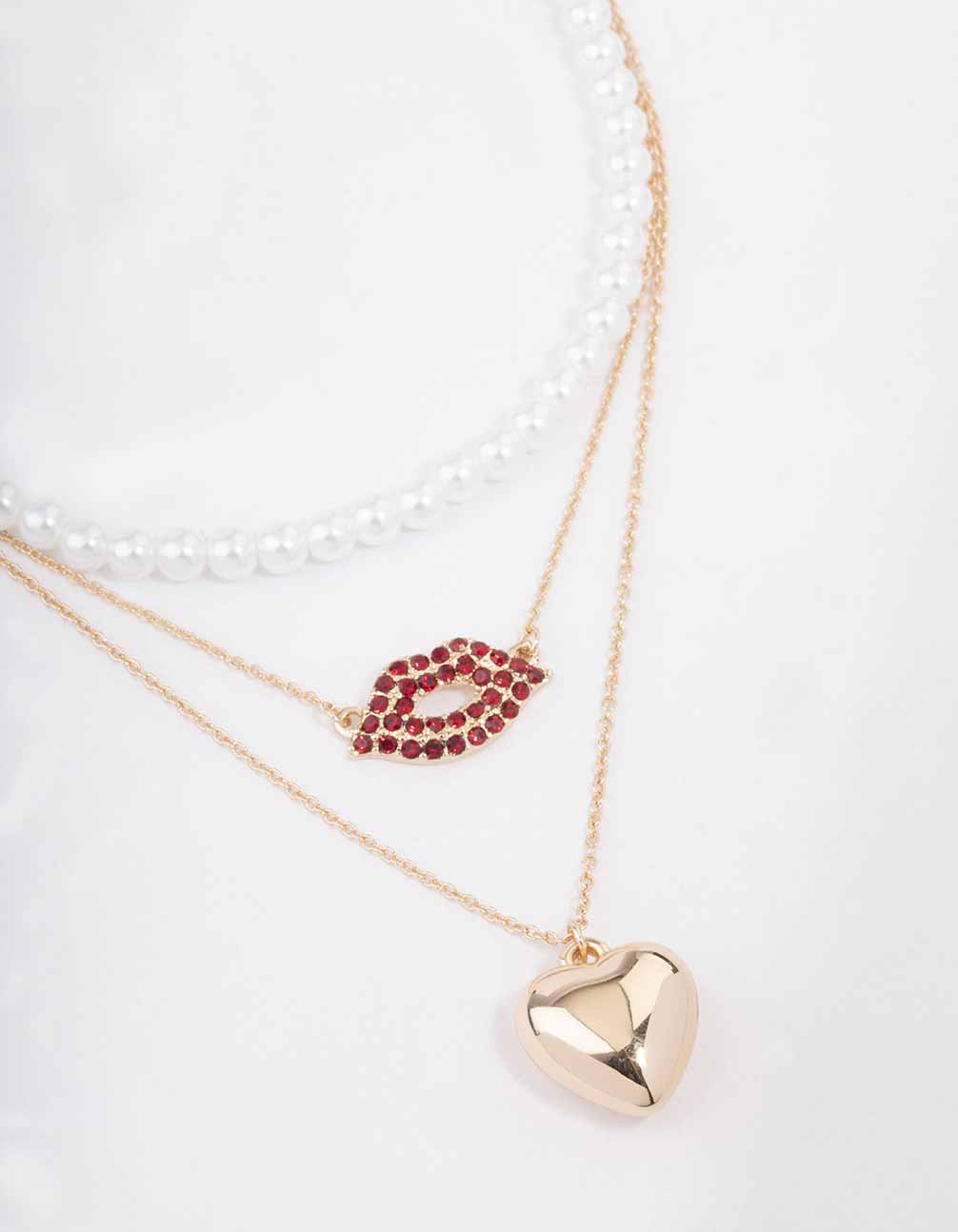 Gold Heart & Lips Glamorous Layered Necklace