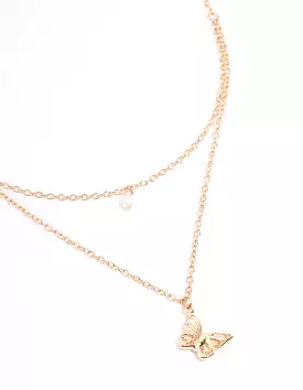 Gold Pearl & Butterfly Layered Necklace