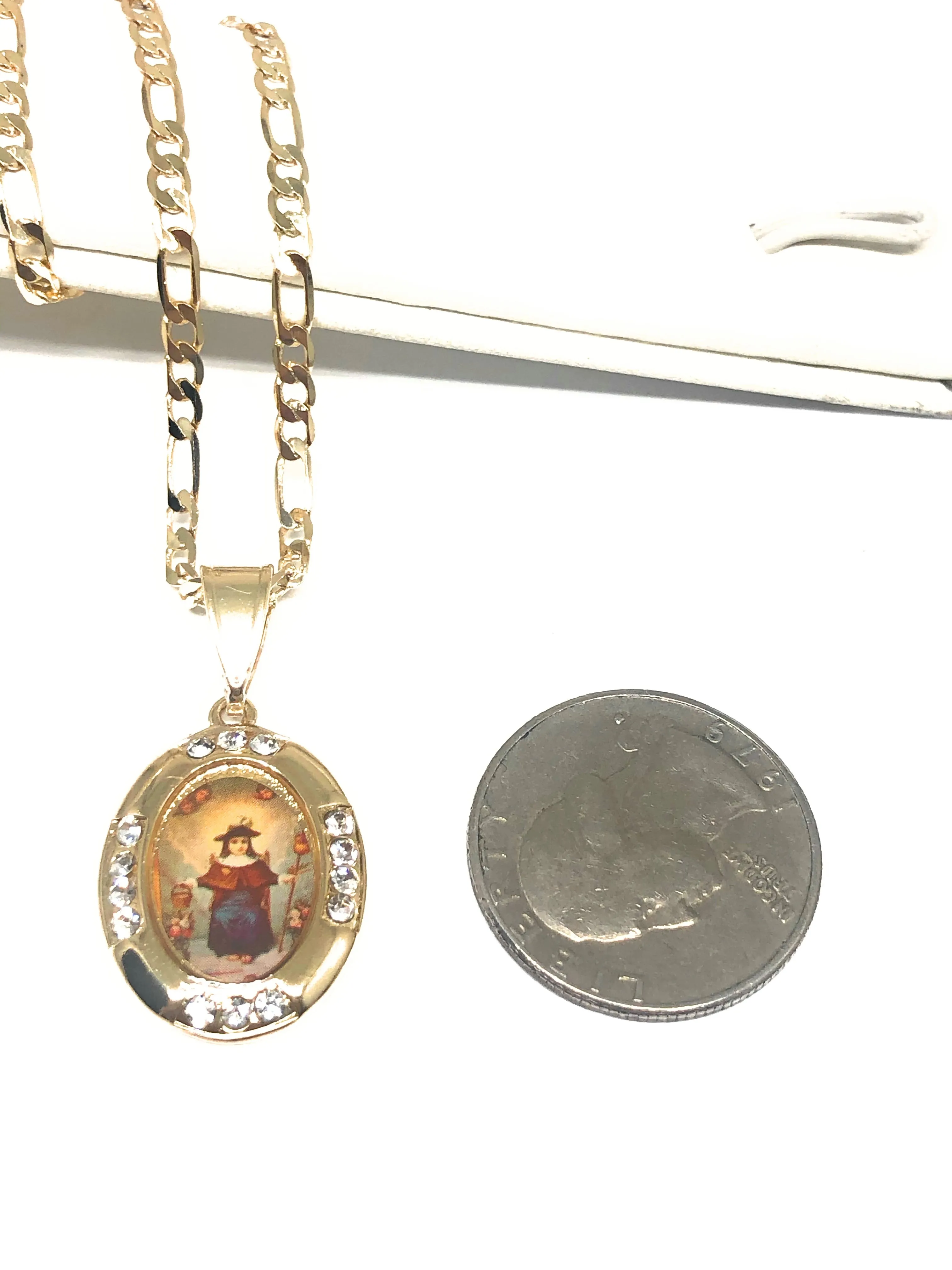 Gold Plated Santo Nino de Atocha Necklace Figaro 18 Medalla Oro Laminado