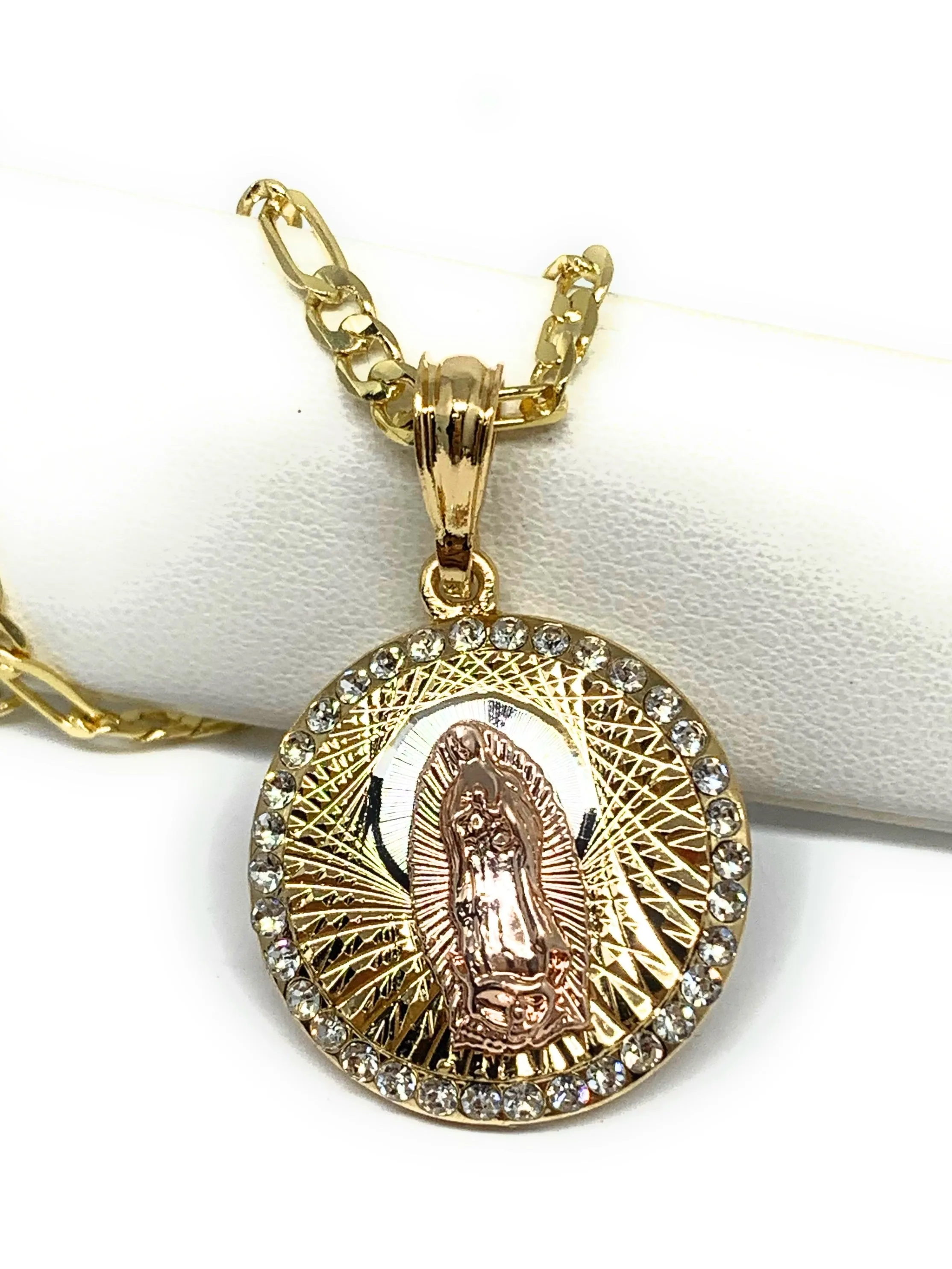 Gold Plated Tri-Color Virgin Mary CZ Pendant Necklace 24 Virgen de Guadalupe Medalla Tres Colores