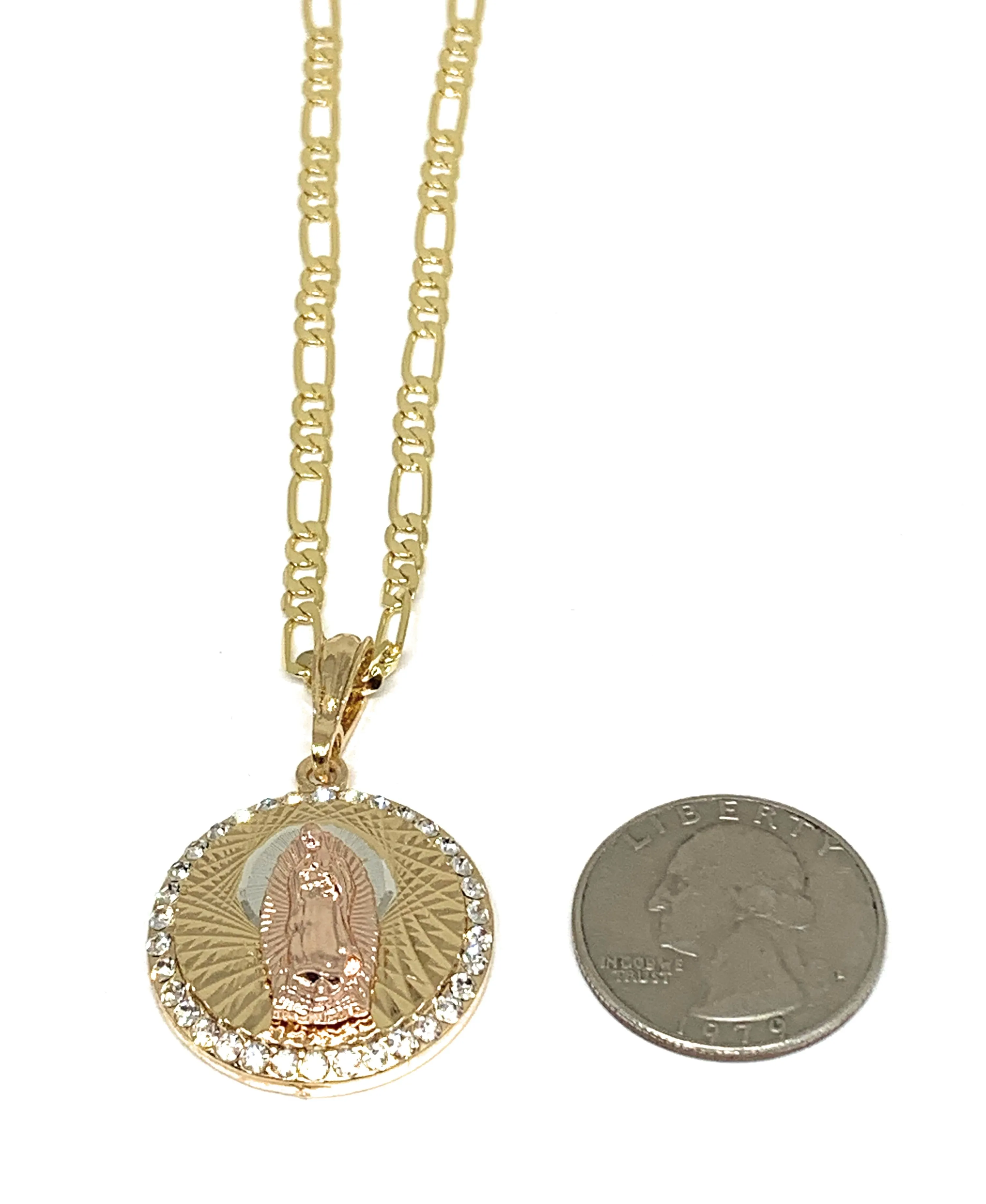 Gold Plated Tri-Color Virgin Mary CZ Pendant Necklace 24 Virgen de Guadalupe Medalla Tres Colores