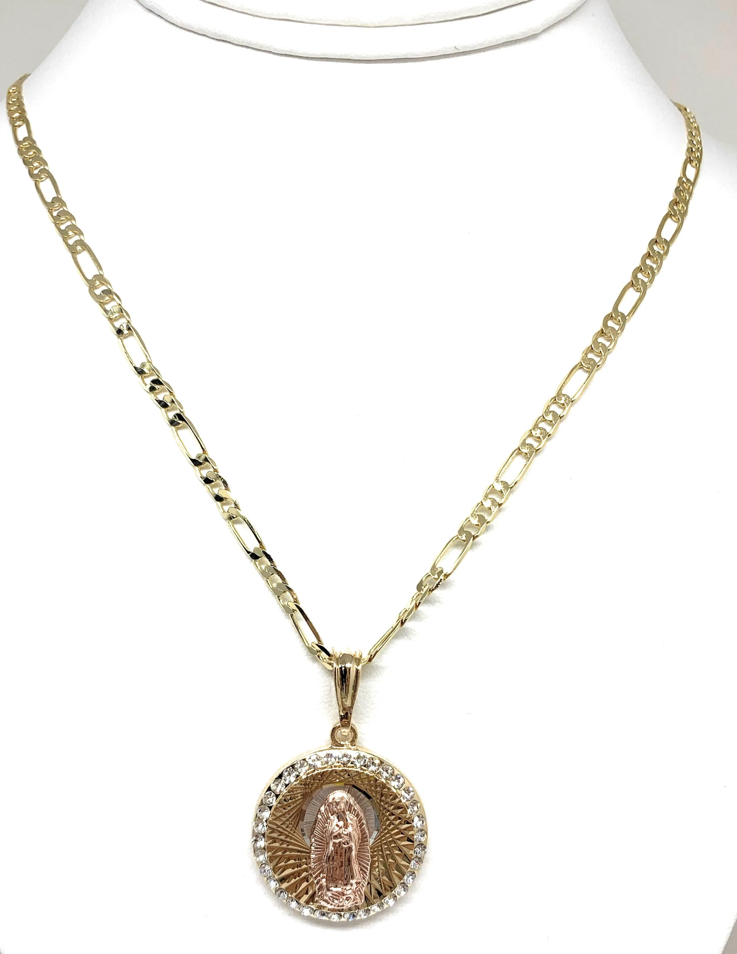 Gold Plated Tri-Color Virgin Mary CZ Pendant Necklace 24 Virgen de Guadalupe Medalla Tres Colores