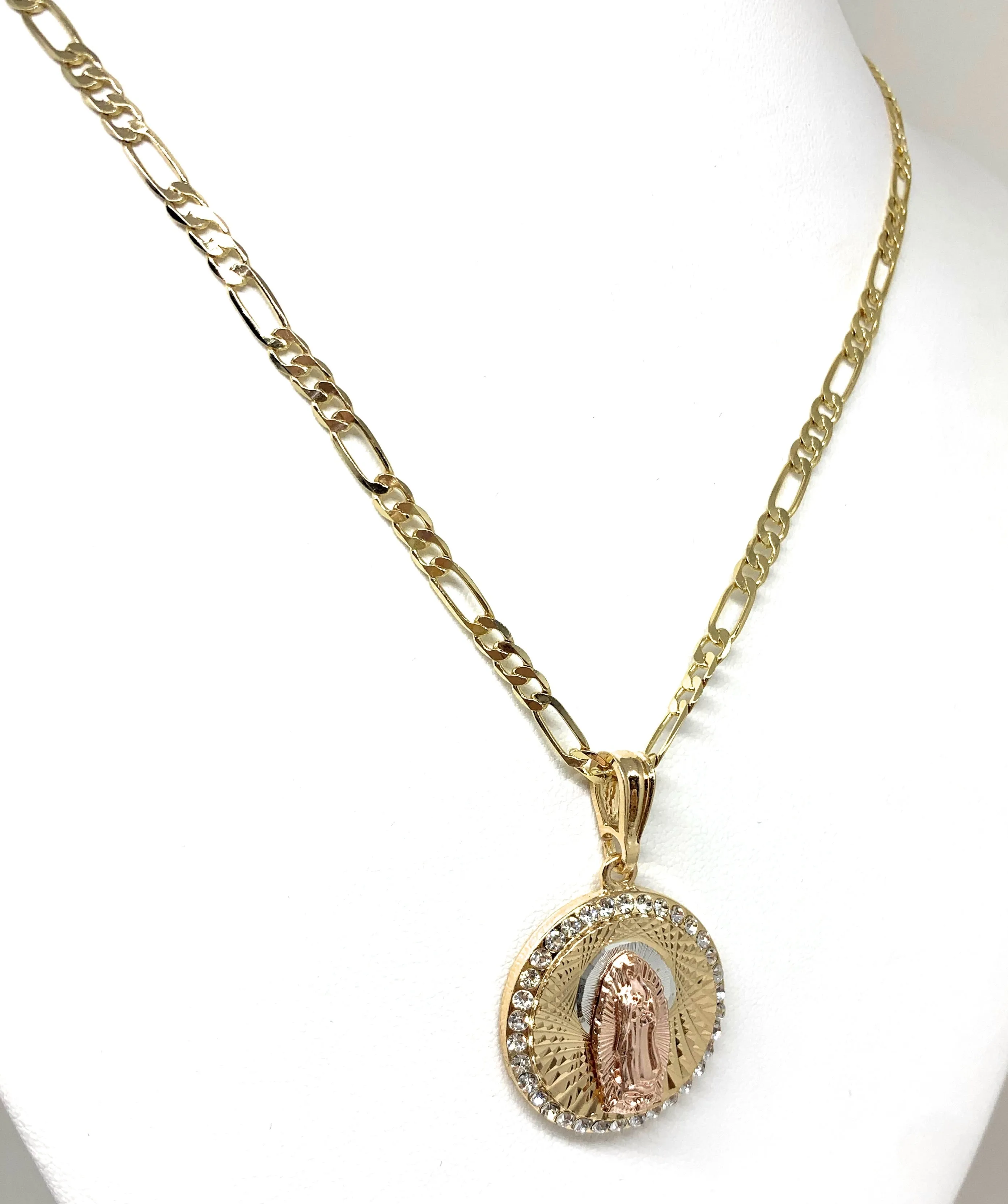 Gold Plated Tri-Color Virgin Mary CZ Pendant Necklace 24 Virgen de Guadalupe Medalla Tres Colores