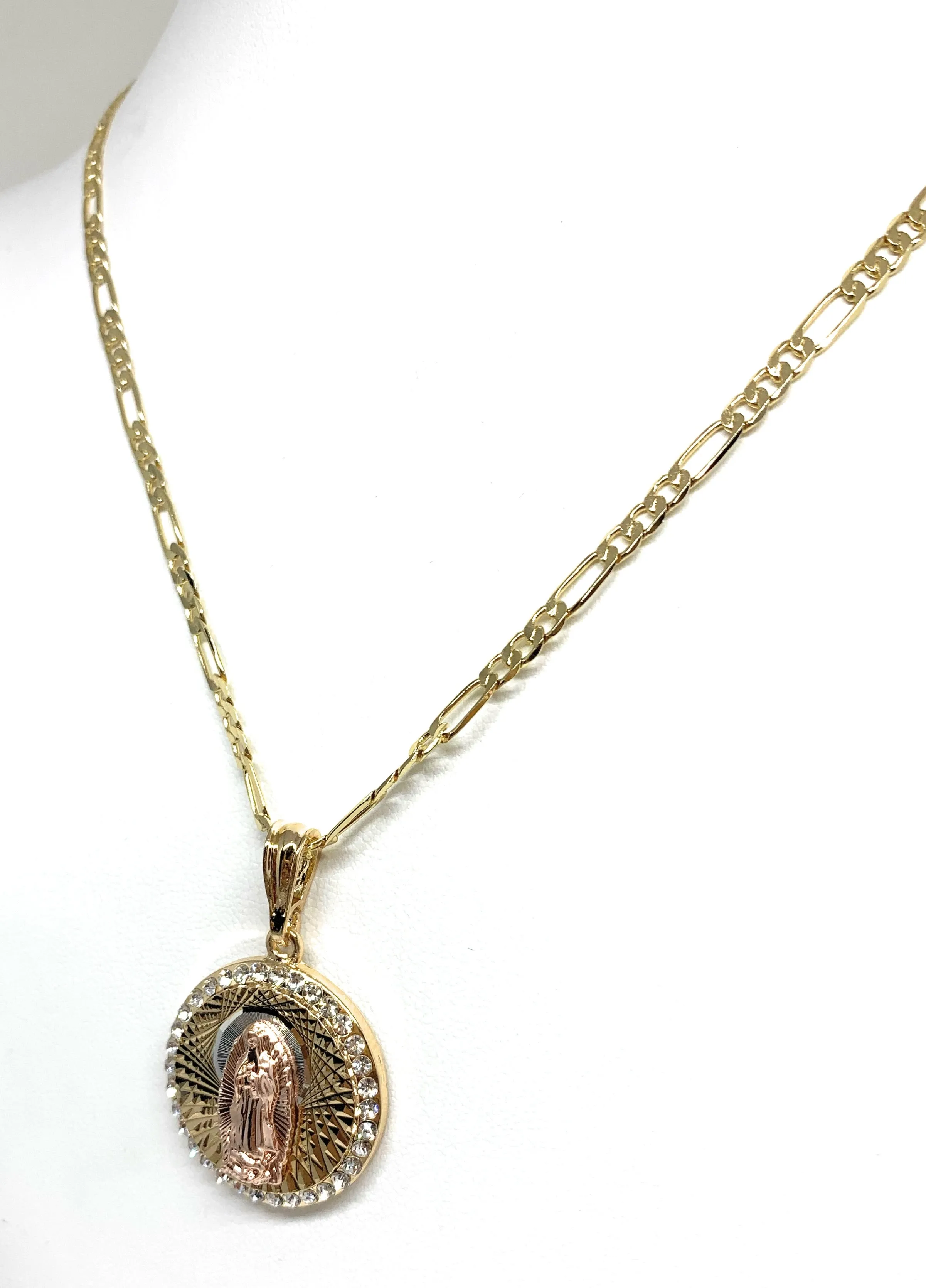 Gold Plated Tri-Color Virgin Mary CZ Pendant Necklace 24 Virgen de Guadalupe Medalla Tres Colores