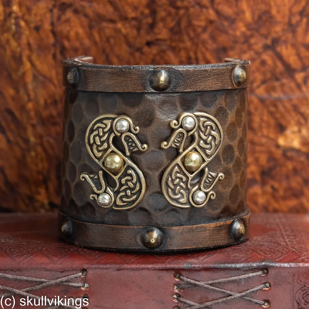 Leather Wristguard with Double-Headed Dragons