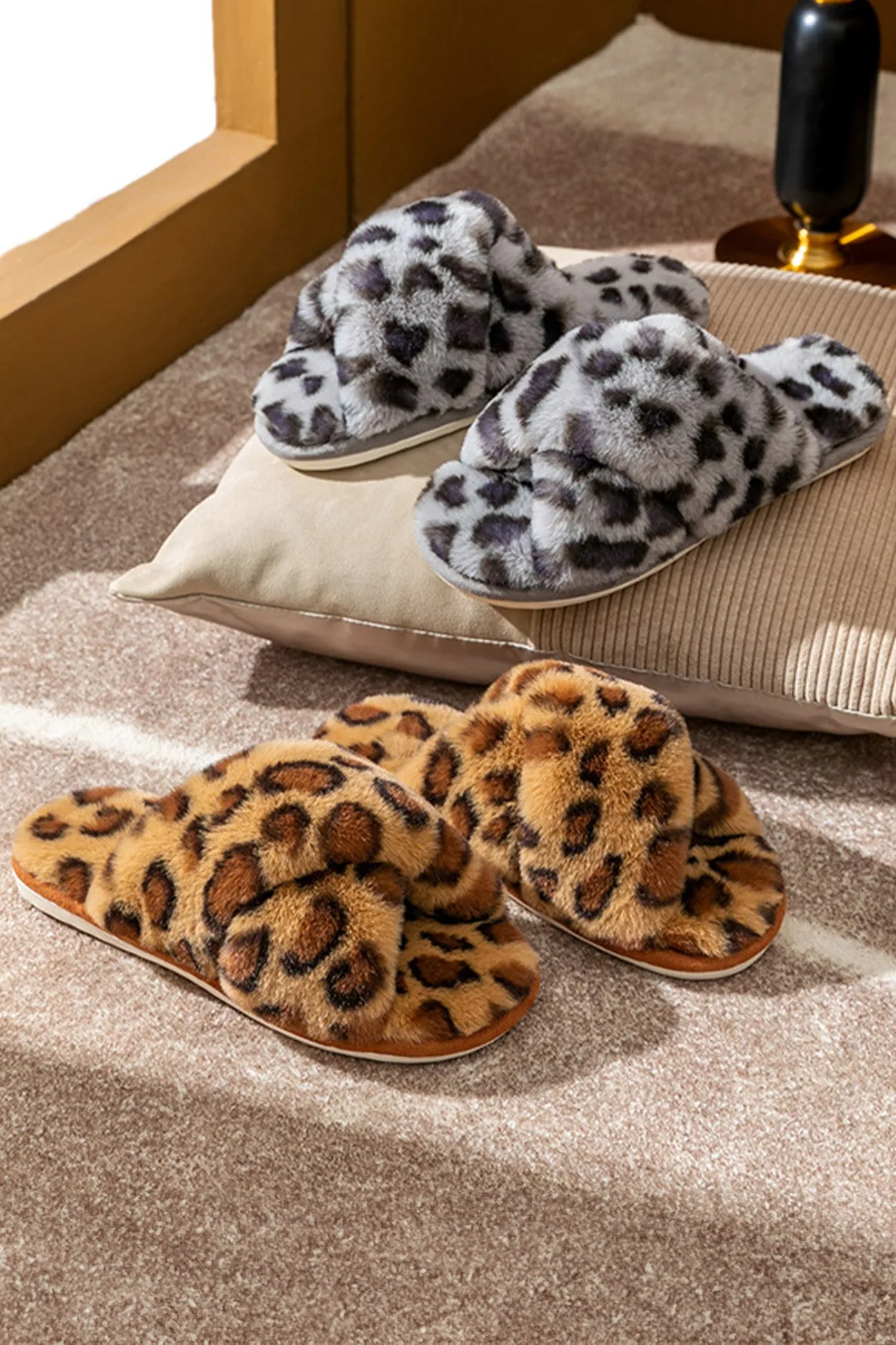 Leopard Print Cross Strap Fuzzy Slippers